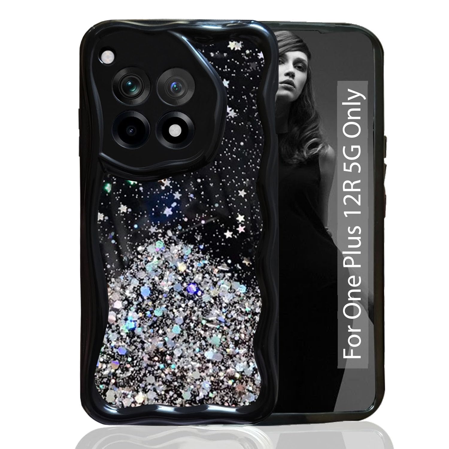 KC Back Cover for OnePlus 12R 5G - 3D New Curly Wave Dry Fixed Non Moving Starry Glitter Shockproof Bumper Soft Silicone Case with Camera Protection (Black) (B0D4ZCS41W) Amazon Price History, Amazon Price Tracker