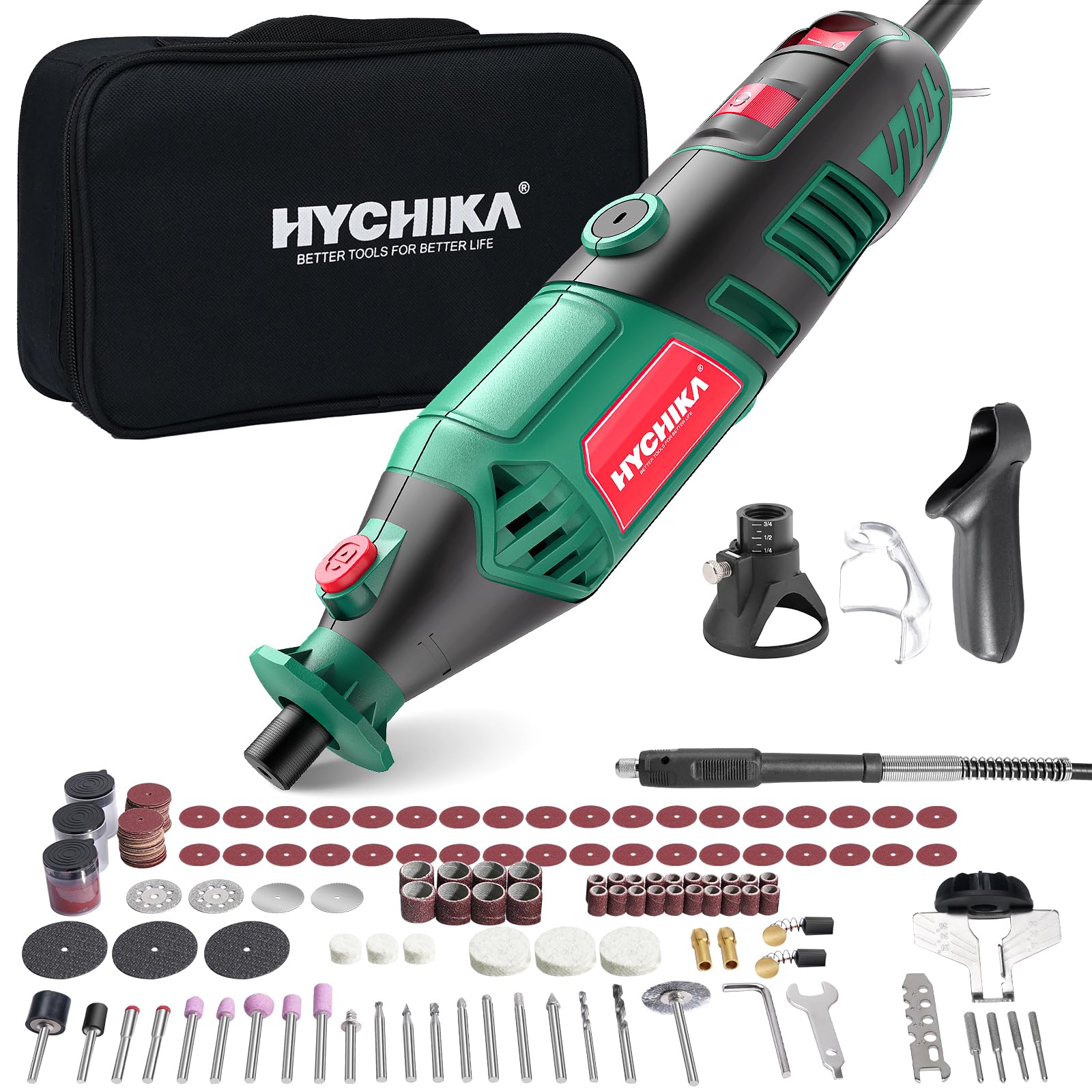 HYCHIKA 8000-35000 giri/min, strumento rotante a velocità variabile 180 W con 179 accessori con albero flessibile, supporto per catena e borsa degli attrezzi