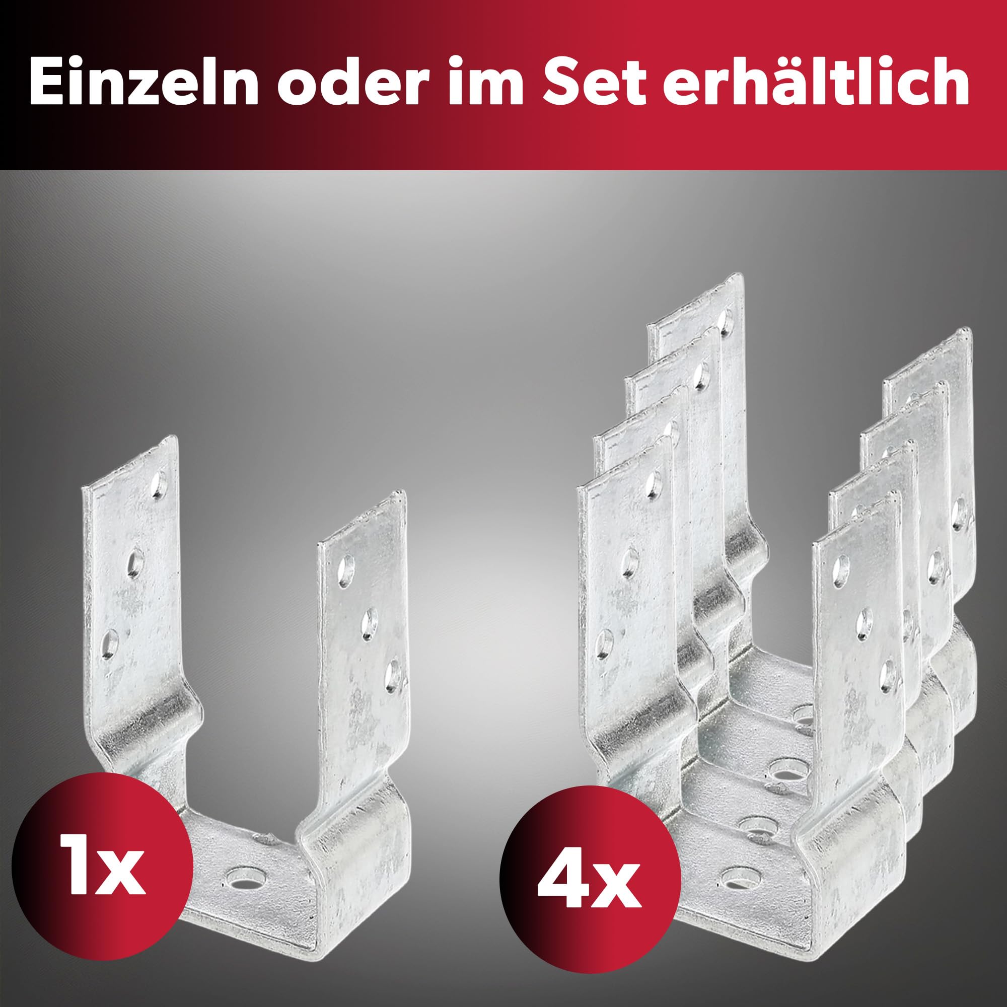 4x U-Pfostenträger, lichte Breite 121 mm, 150 mm Gesamtlänge, feuerverzinkter Stahl, Pfostenträger zum Aufschrauben oder Einbetonieren, U Profil Stahl, Bodenanker, Balkenschuh