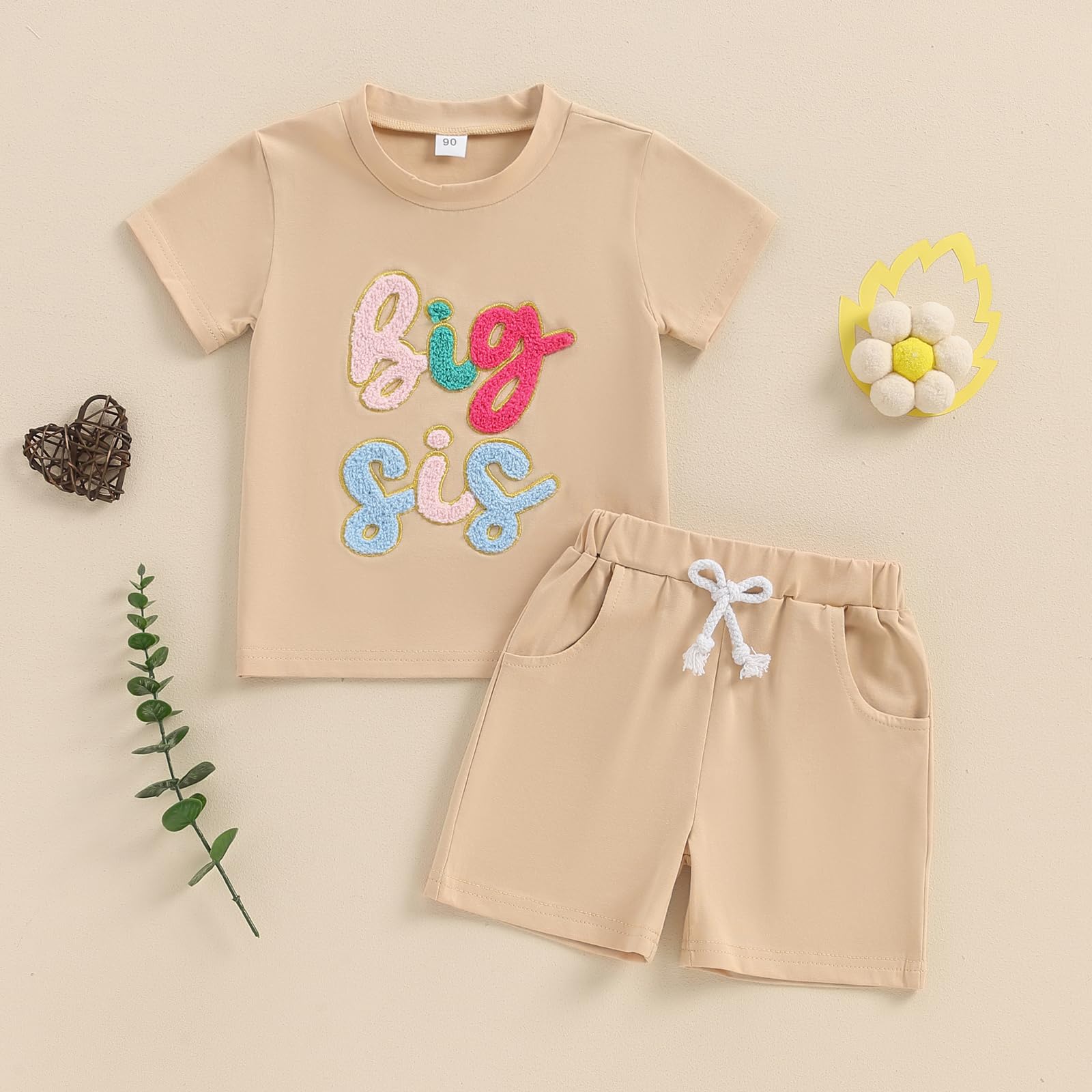 VISGOGO Big Little Sister Matching Set Toddler Baby Girl Summer Clothes Infant Girl Short Sleeve T Shirt Outfits Shorts (Khaki-Big sis, 2-3 Years)
