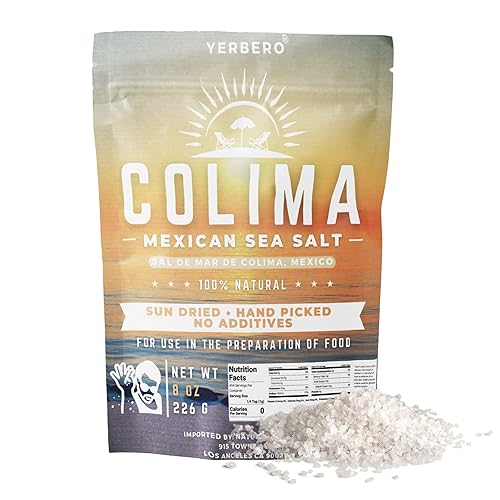 Yerbero - Sal marina de Colima de primera calidad sin refinar, 8 onzas (7.87oz) Sal marina 100% natural, grado gourmet, sin OMG. Kosher Cosechado