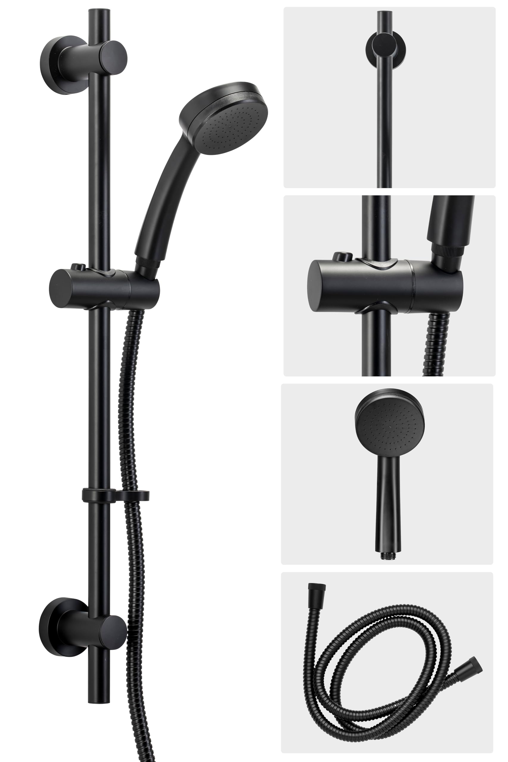 Croydex Presion Matte Shower Riser Rail Kit - 68Cm Riser Rail, Pressure Boosting Shower Head, 1.5M Stainless Steel Hose And Adjustable Handset H Black