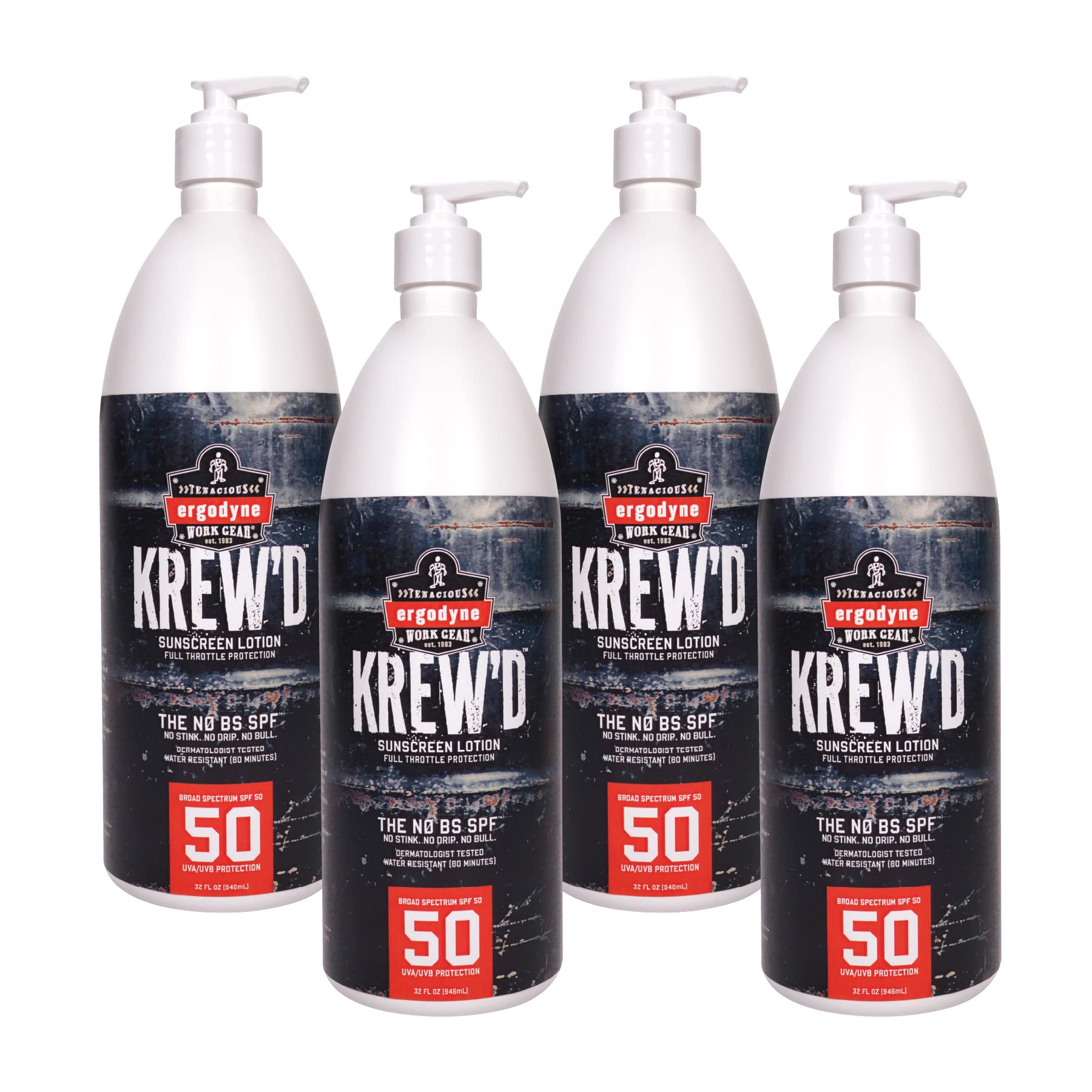Ergodyne KREWD 6355 Sunscreen Lotion Broad Spectrum SPF 50 Water Resistant 32 oz 4-Pack White