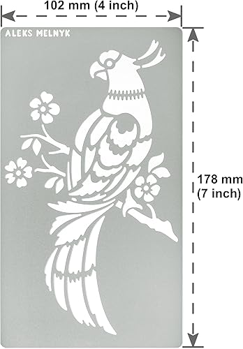 Miniatura 4 de Aleks Melnyk No.471 - Plantilla de metal, pájaro en rama de árbol, loro, ramas con flores, animal salvaje, plantilla pequeña, 1 unidad, plantilla