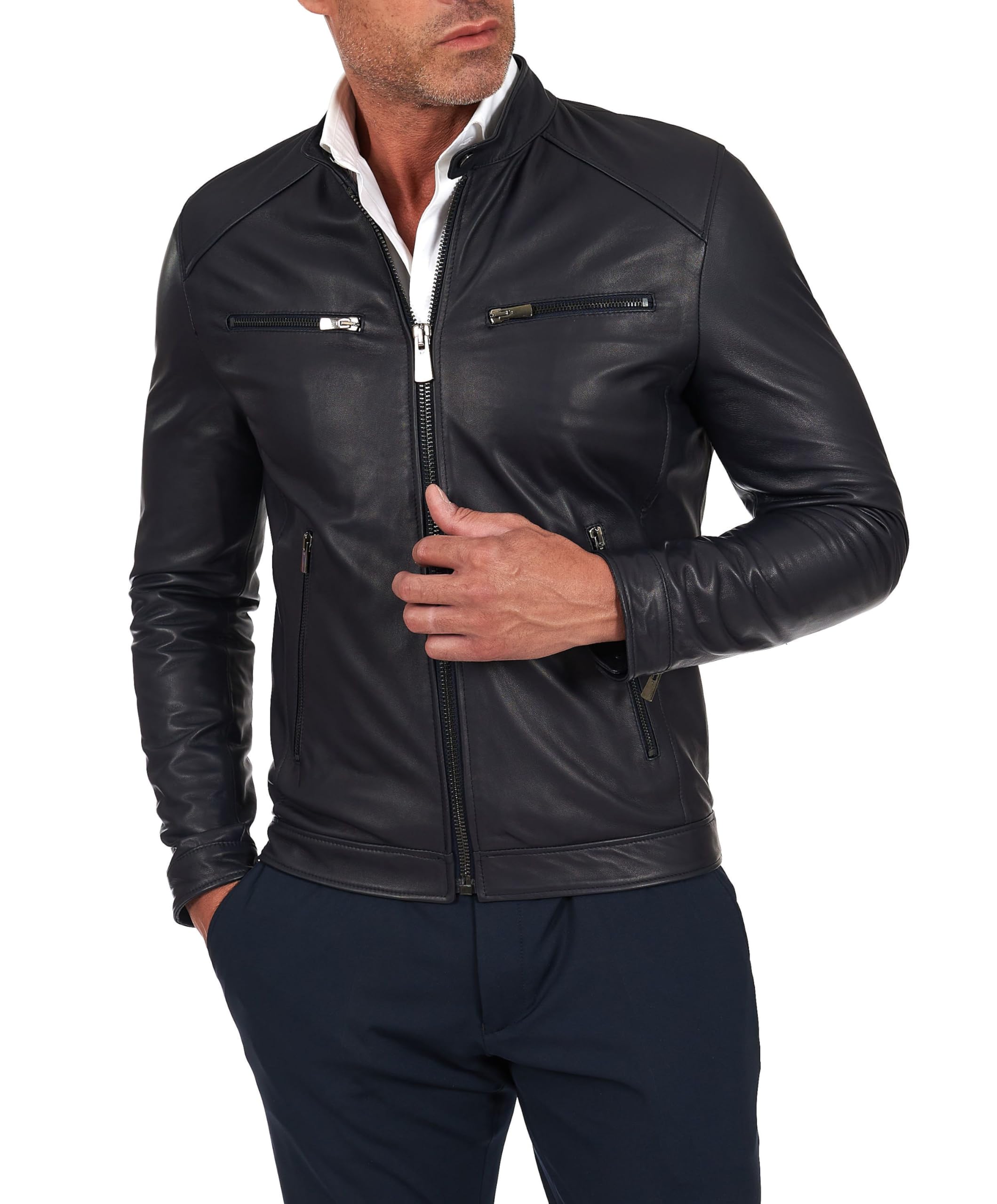 D'arienzo Men's Blue Leather Jacket Biker Genuine Leather Made In Italy Hamilton 50/M