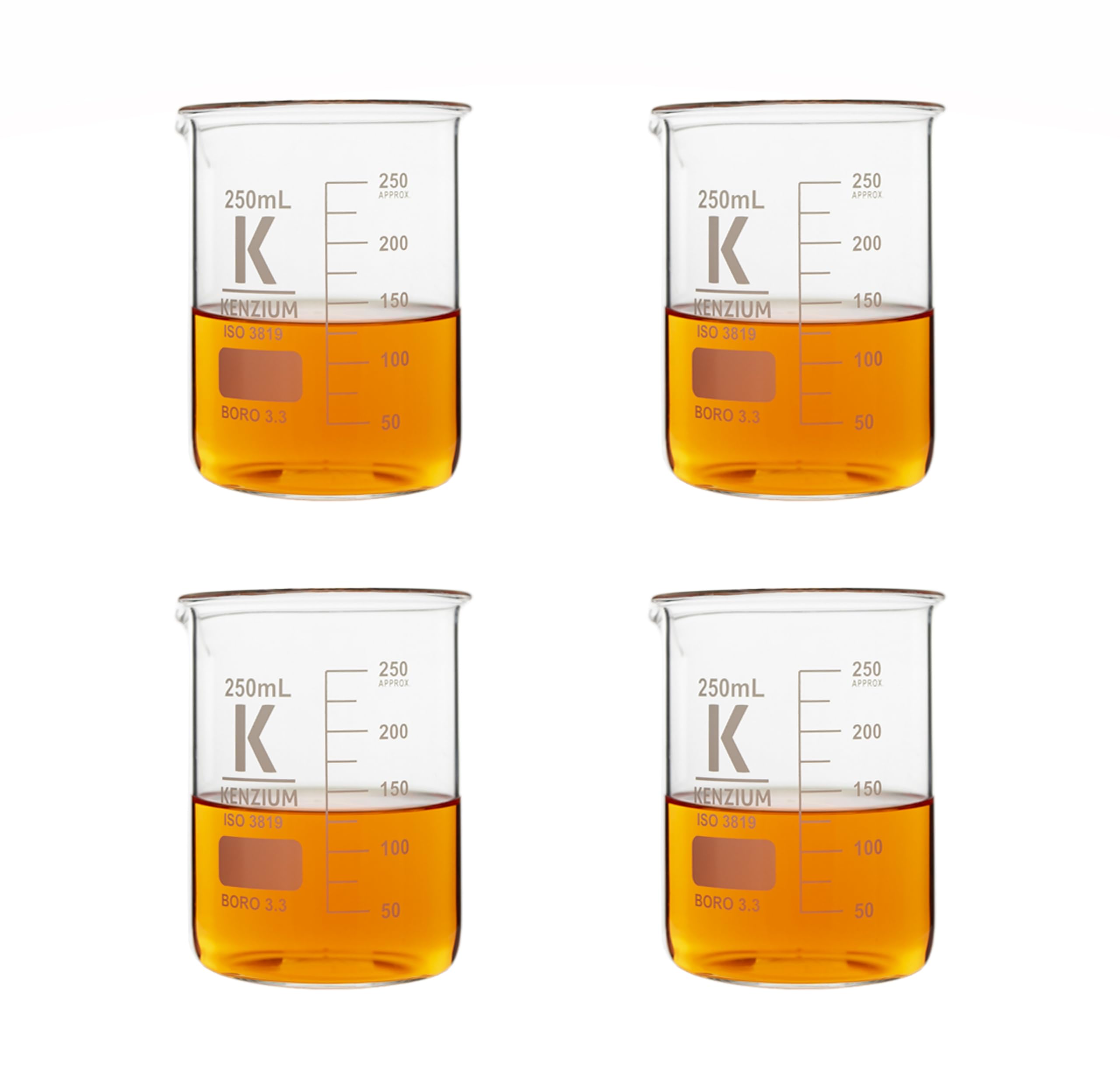 KENZIUM - Pack 4 vasos vasos de precipitados | Volumen: 250 ml | Vidrio borosilicato 3.3 | Forma baja | Graduado, con boquilla vertedera, para todo tipo de muestras | Alta resistencia, autoclavable
