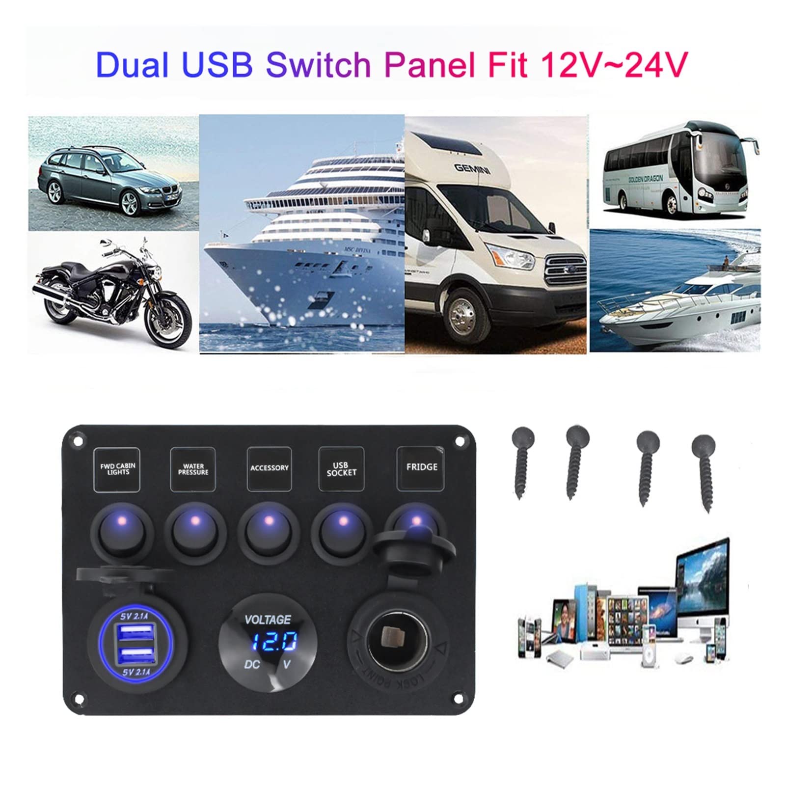INEOUT Barca marina for auto da 5 Gang 12V GUIDATO Voltmetro digitale del circuito impermeabile del pannello dell'interruttore del rocker Dual USB Adattatori for caricabatterie da auto portuali (Colo