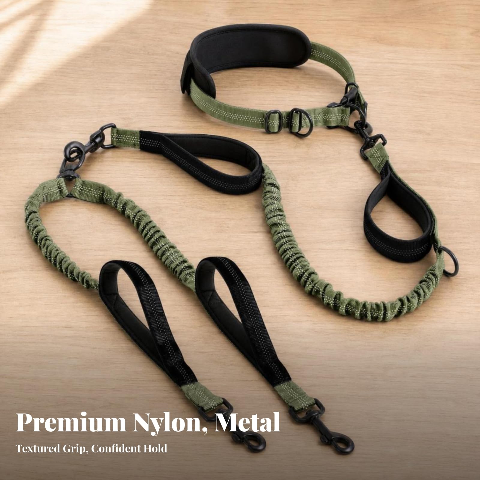 Laisse Double Tête Laisse de Course Ceinture Laisse Élastique Laisse Mains Libres avec Amortisseur Système Bungee Anti à Coups et Attaches Métalliques, Gris
