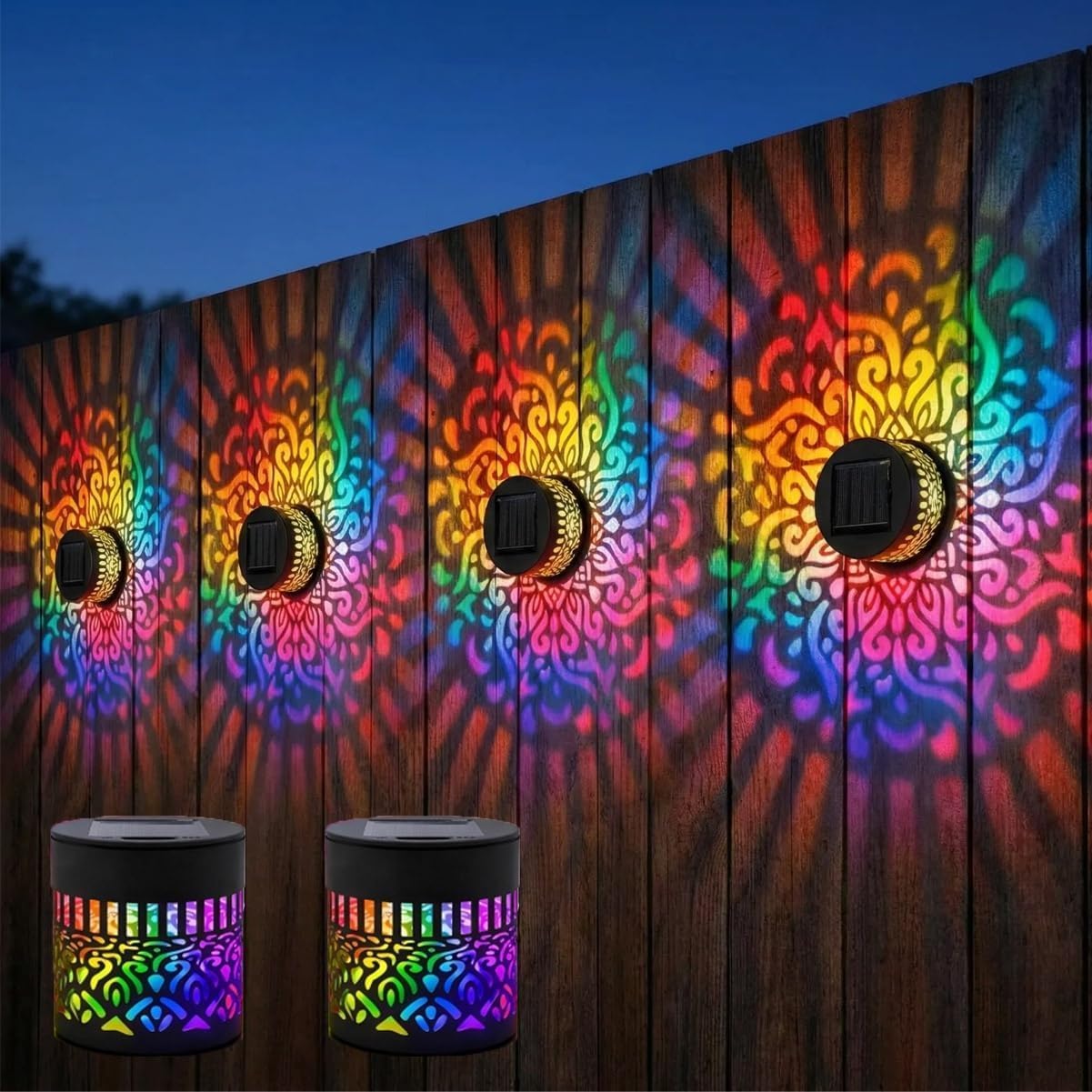 Solar Mandala Wall Lights, Seven-Color Changing Decorative Solar Mandala Projection Lamp, Solar-Powered Outdoor Lights, Outdoor Garden Fence Projector Lights for Yard Garden Patio Backyard (2Pc)