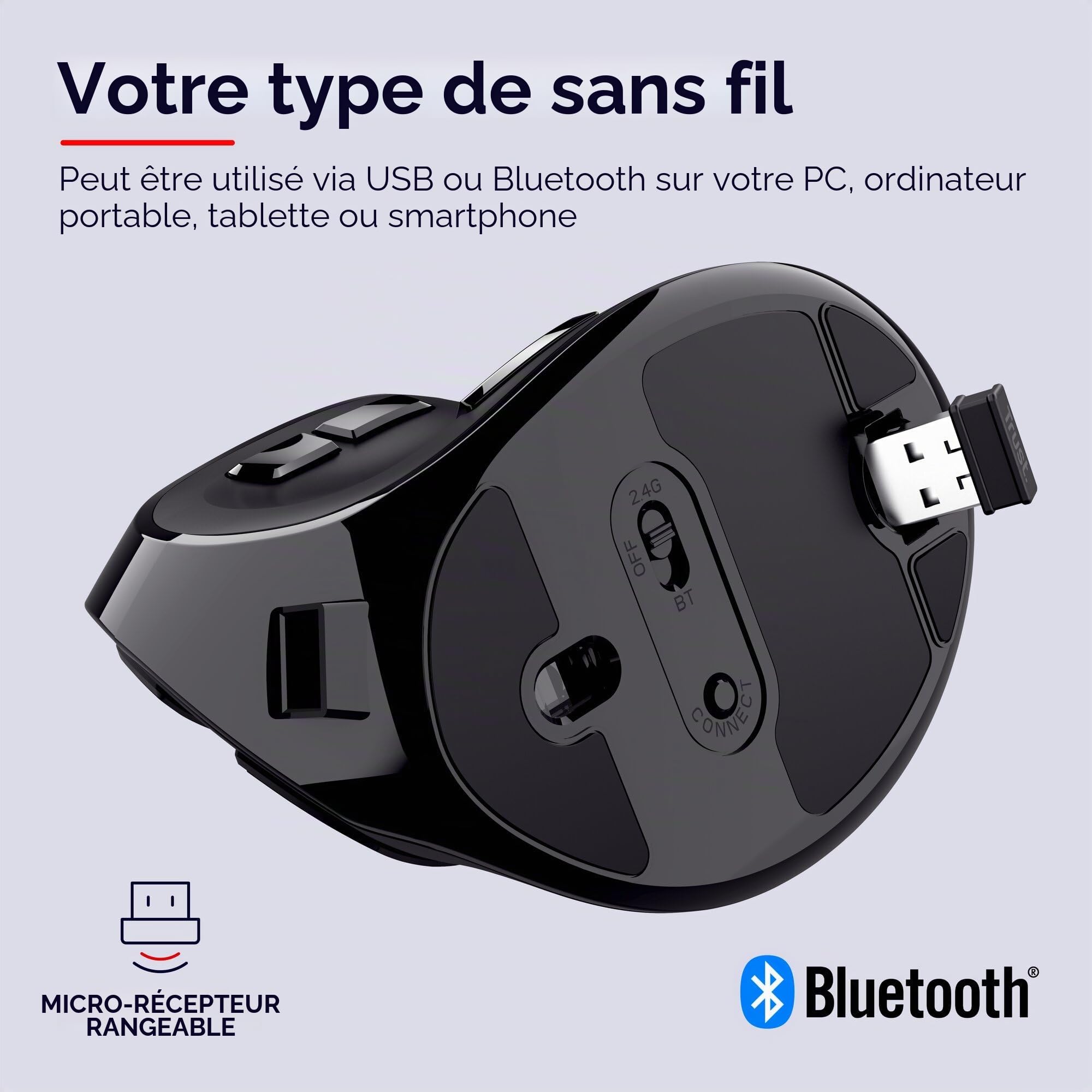 Trust Voxx Souris Verticale sans Fil Rechargeable, Bluetooth ou 2.4 GHz, 9 Boutons, 1200-2400 PPP, Souris Bluetooth Ergonomique pour PC, Mac, Macbook, Ordinateur, Chromebook - Noir