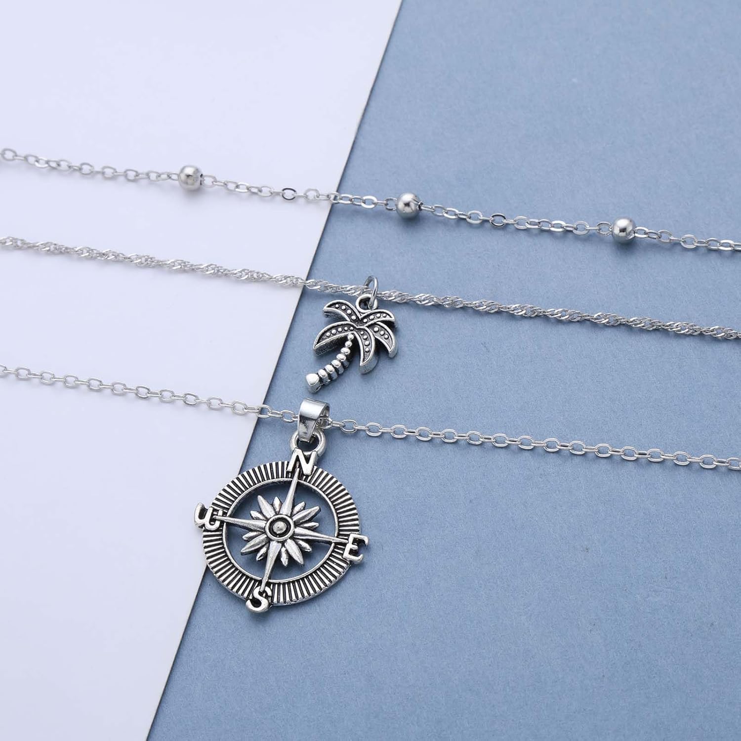 Andelaisi Boho Palm Necklace Choker Layered Palm Tree Necklace Vintage Compass Pendant Necklaces Multilayer Satellite Chain Necklaces for Women - Image 6