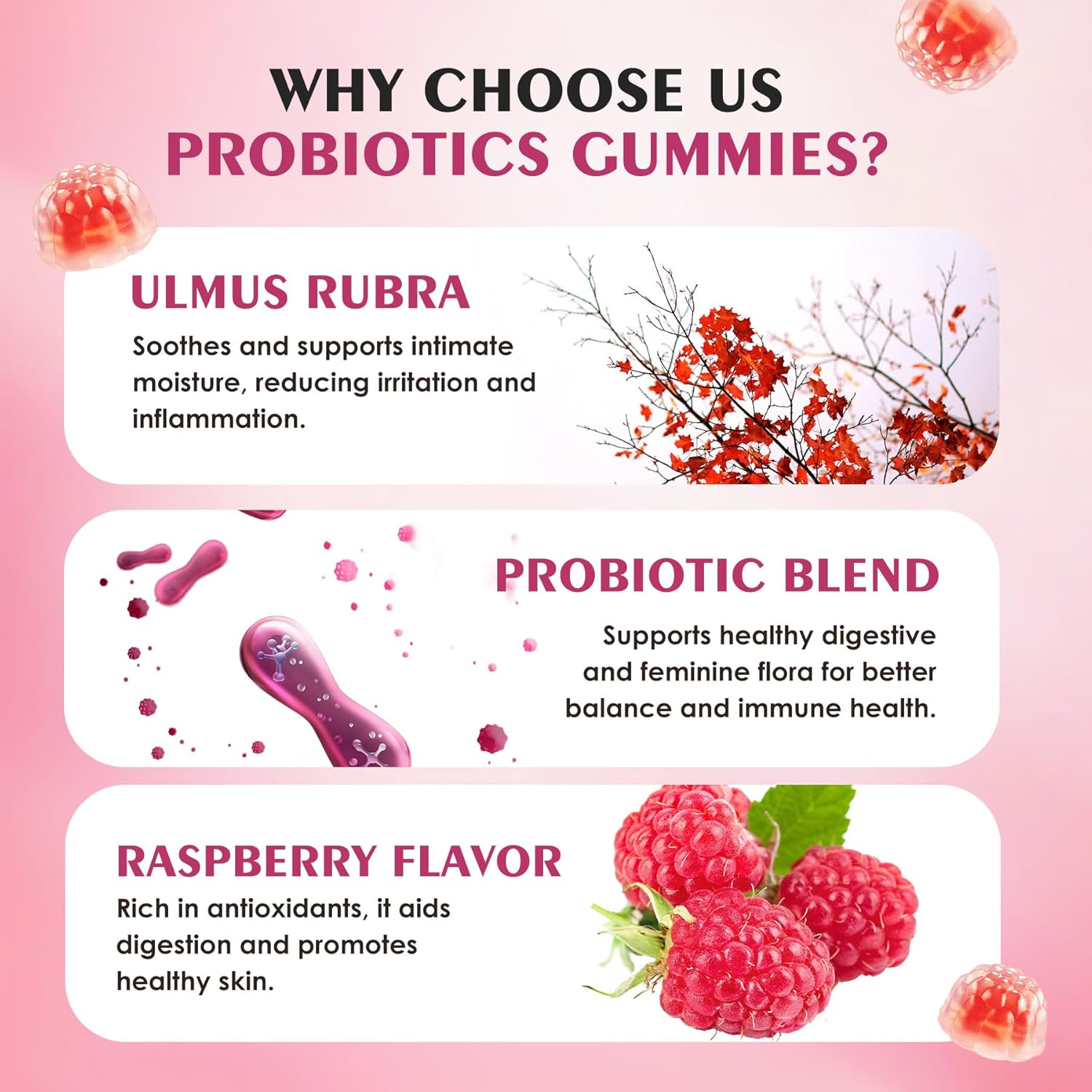 Women's Probiotic Gummies pH Balance & Gut Flora, Natural Raspberry Flavor, Vegan & Non-GMO, 90 Gummies