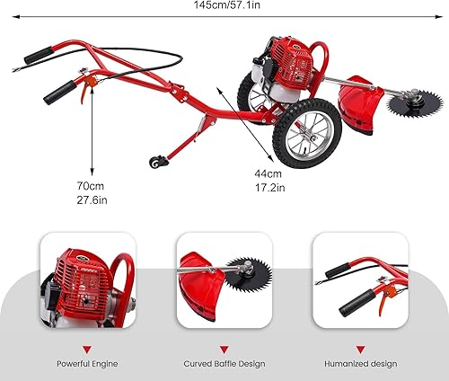 Miniatura 2 de 49cc 2-Stroke Equipo de energía al aire libre con ruedas String Trimmer,Motor de gasolina de un solo cilindro 6500-7000rMin, 1.8Kw mano empuje