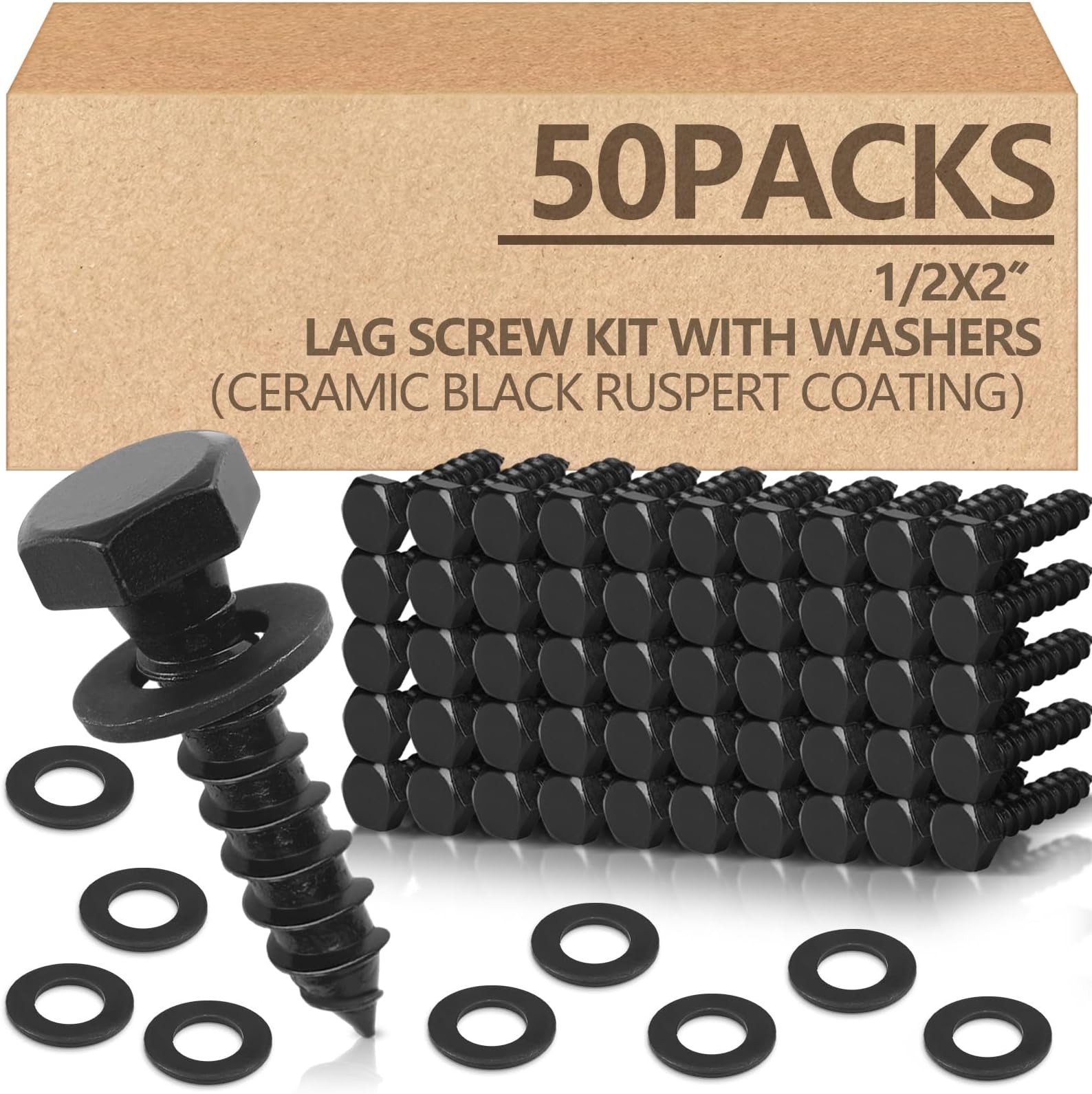 Tandefio 50 Pack 1/2''x 2'' Ceramic Black Lag Screw Kit with Washers Hex Lag Bolts Wood Screws Heavy Duty Hot Dip Galvanized Double Layer for Wood Decks Fences