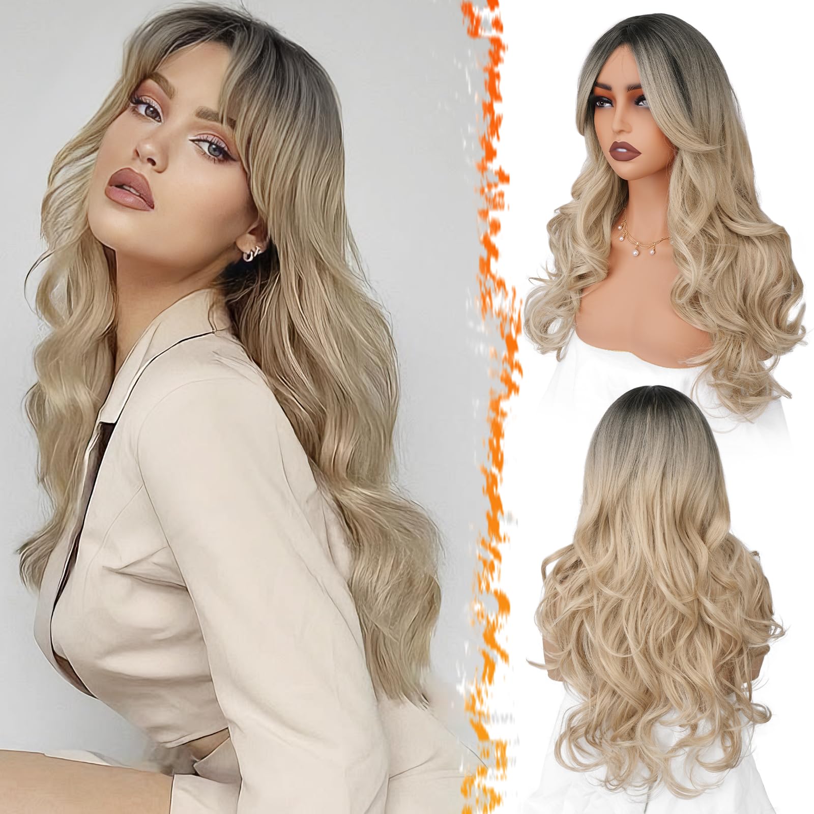 BARSDAR Long Wavy Blonde Curtain Bangs Wig - 26 Inch Long Blonde Layered Wig with Curtain Bangs for Women - Synthetic Dark Roots Ombre Blond Wigs