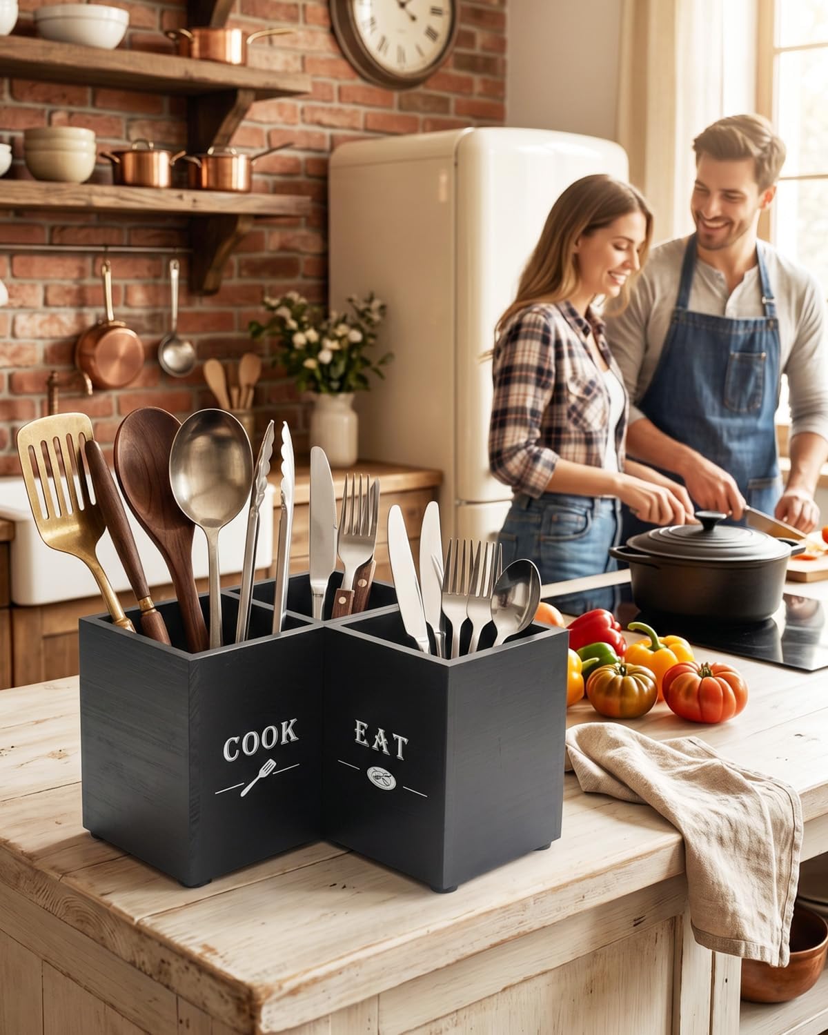 Utensil Holder Countertop Wooden Modular 2+1 Farmhouse Kitchen Caddy