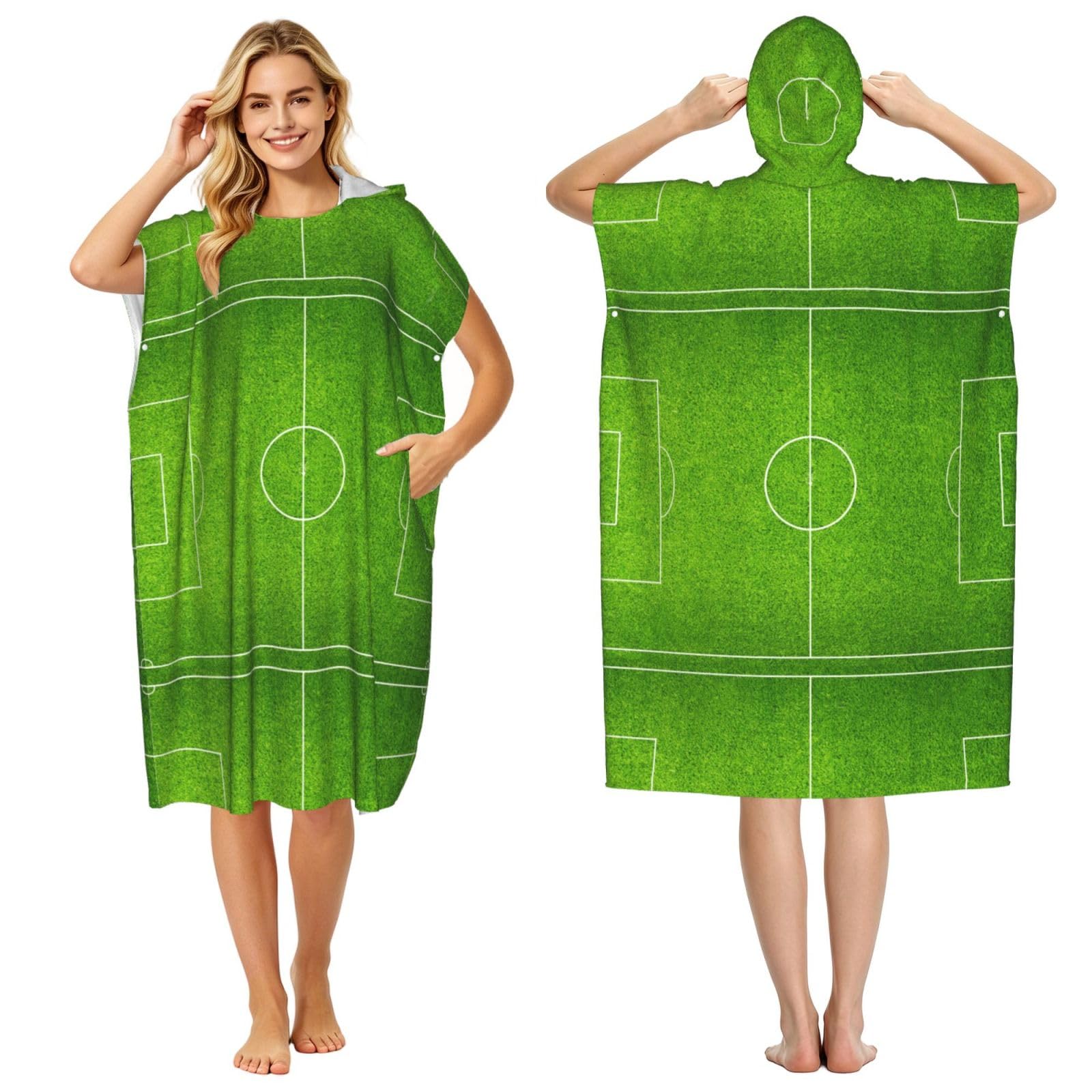 Poadnly Green Football Stadium Field, Adult Hooded Beach Towel 90 x 110 cm,Changing Bath Robe, Surf Poncho Towel For Women Men