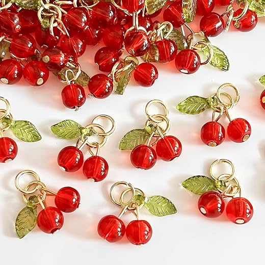30 Pcs Red Cherry Charms Mini Cute Glass Fruit Beads Charm Acrylic Beaded