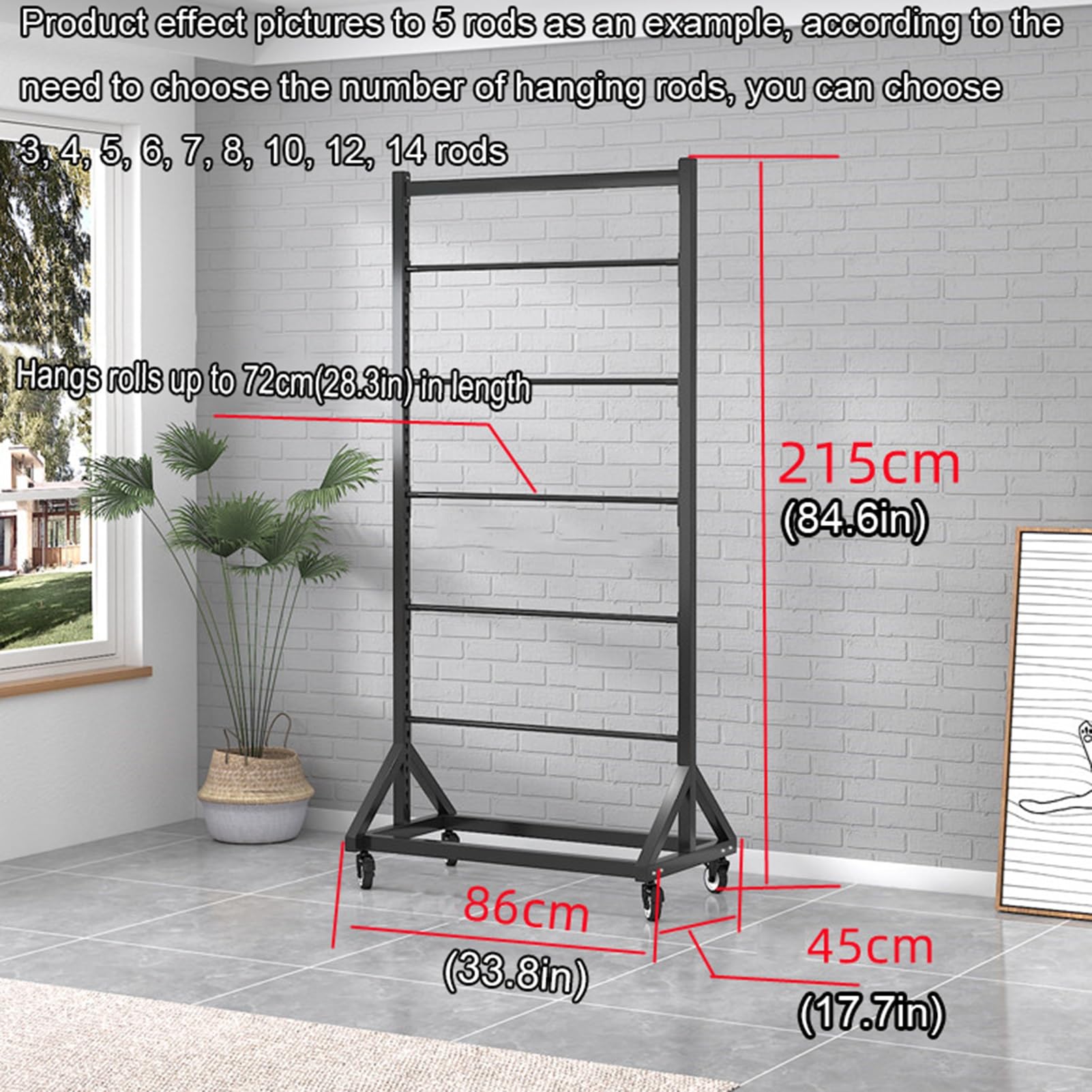 Wire & Cable Reel Display Stand, Wire Spool Storage Rack for Garage Workshop, Movable Metal Rack Vinyl Film Roll Holder, Transfer Paper Tape/Wrapping Paper Display Rack with Adjustable Hanging Rod(8 r