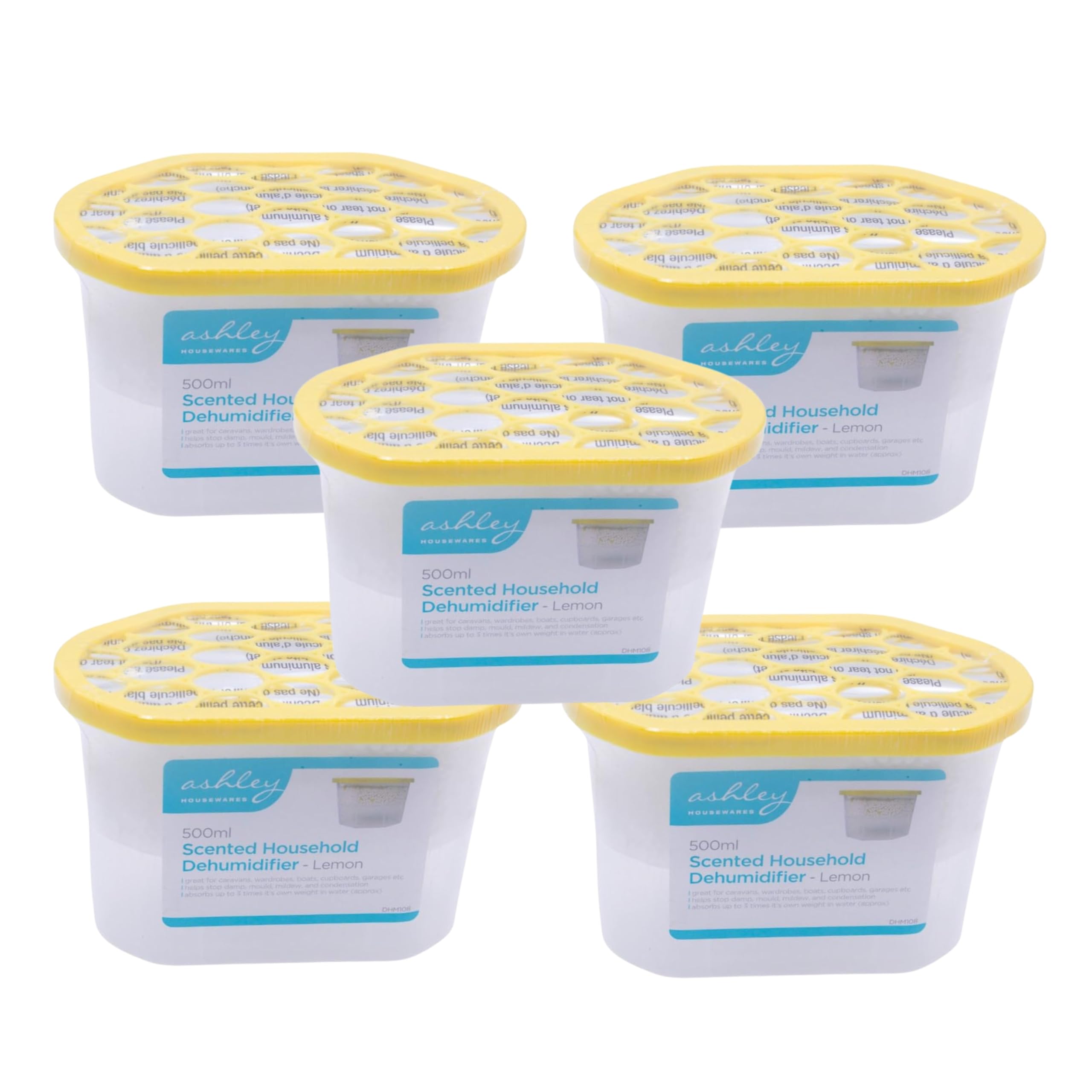 HomeZone 5 Pack 500ml Lemon Disposable Dehumidifiers – Moisture Absorber & Condensation Damp Traps for Home, Bedroom, Kitchen & Bathroom