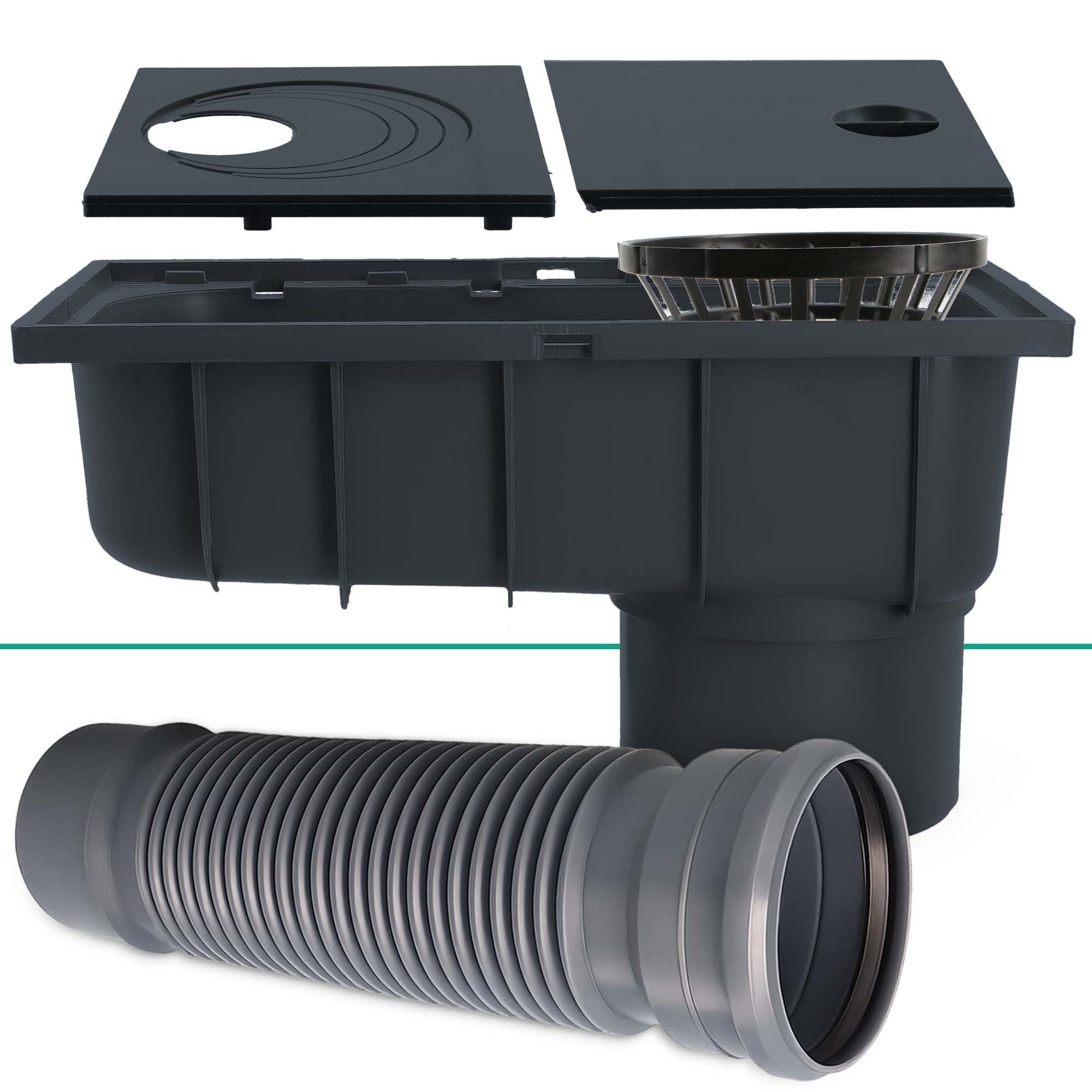 Millto Regensinkkasten 110 mm Regenwasserablauf Dachrinnenablauf Hofablauf Regenrohrablauf Sinkkasten Entwässerung Kontrollschacht mit Sieb und Flexibles Rohr 340-400 mm Graphit