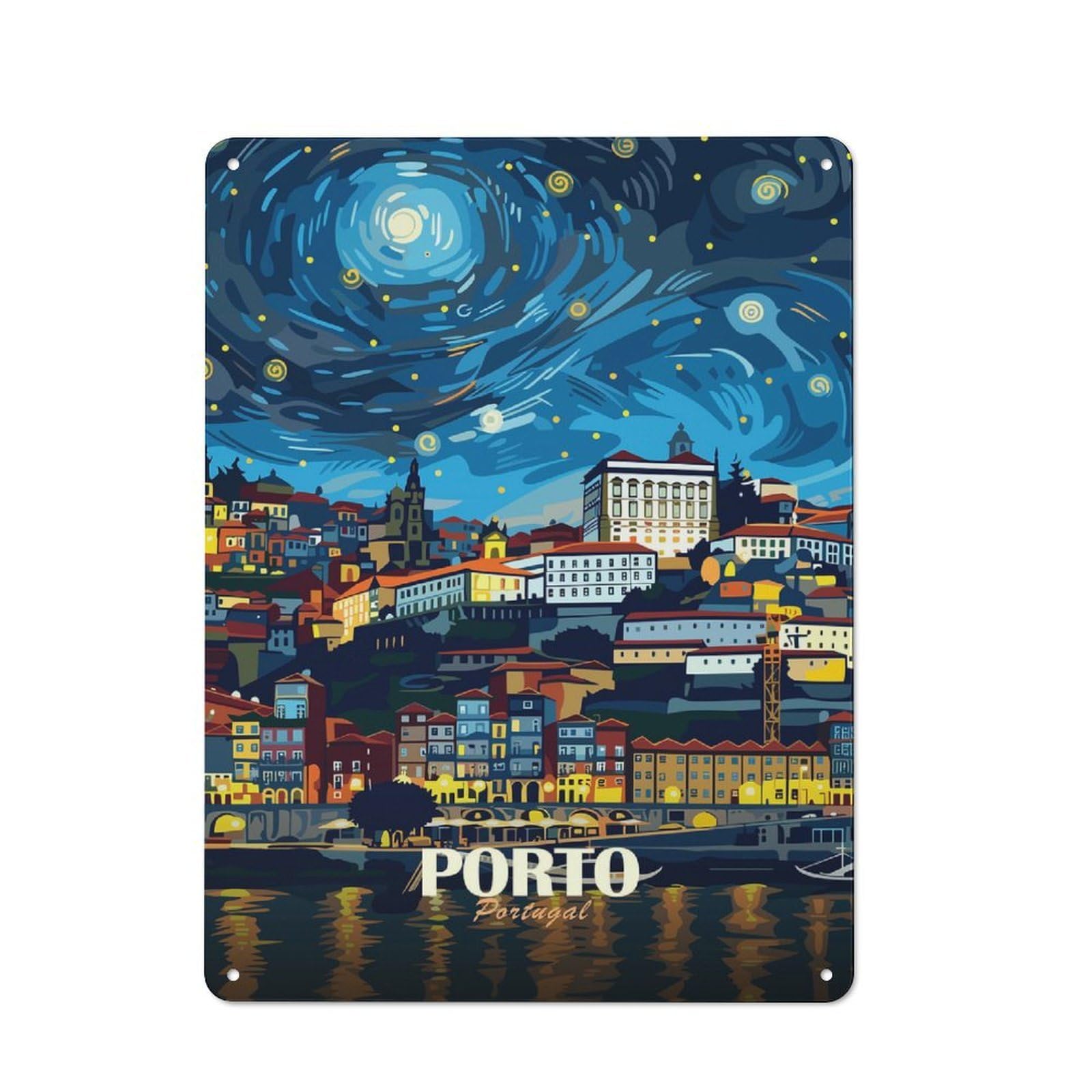 Junmoney Style-23 Modern Retro Decorative Metal Plaque 40X30cm Featuring Porto Portugal Cityscape Night Art, Loft Wall Plaque For Flat, Bar, Studio Or Gallery Wall