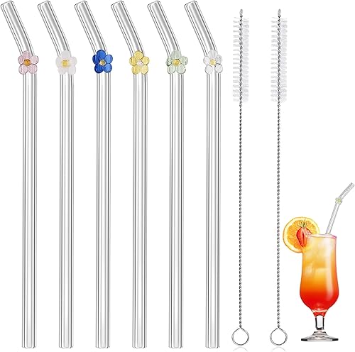 Pajita de vidrio reutilizable resistente a roturas, pajitas de vidrio transparente con flores, bonitas pajitas de vidrio para batidos y bebidas