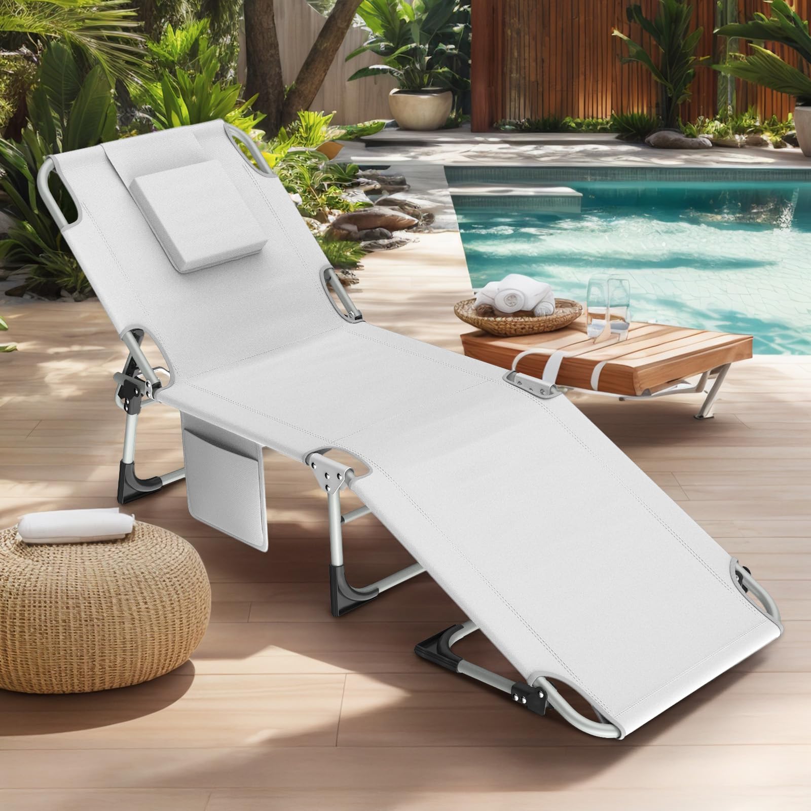 Sonnenliege mit Gesichtsöffnung,Klappbare Gartenliege,Liegestuhl mit U-Kissen&3-Fach Verstellbarer Rückenlehne,Gartenstuhl,Strandliege,Relaxliege Faltbar für Sonnenbaden,Strand,Garten,Camping,Hellgrau
