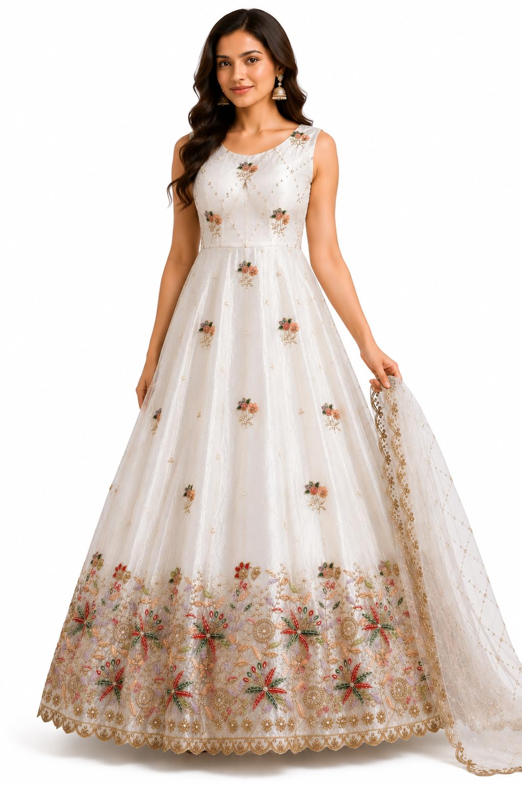 White Floral Embroidered Sleeveless Anarkali Gown with Dupatta-image-33