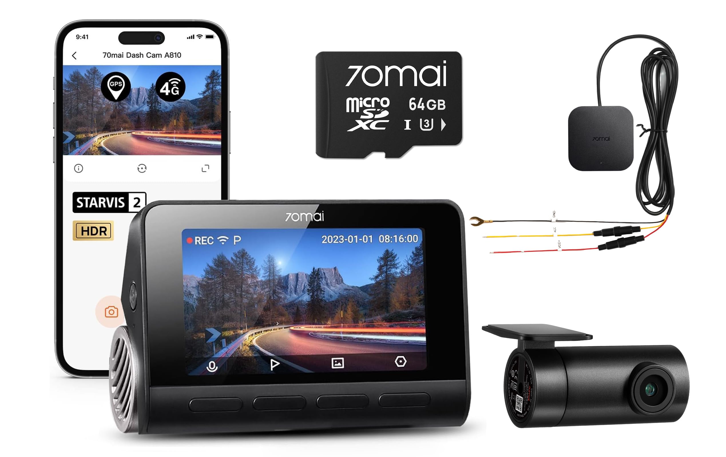 ドライブレコーダー 70mai Dash Cam 4k A810 SDカード付 Amazon.com: 【A810 Dash Cam + 64GB Micro SD Card + UP05 Hardwire