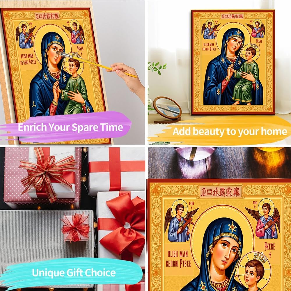 Paint by Numbers kit for Adults Madonna and Child with Angels in a Religious icon, Paint by Numbers kit 20INx16IN (with Frame)
