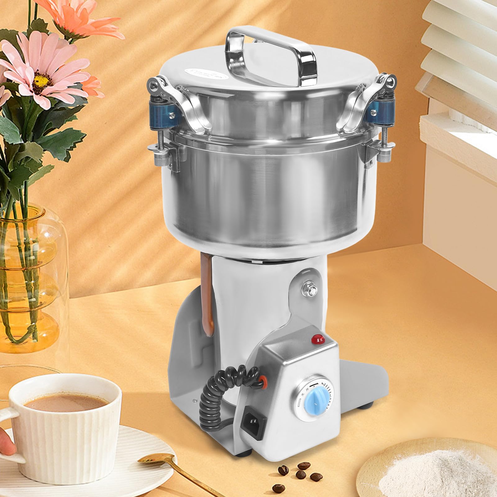 Bokknppo Electric Grain Mill Grinder Stainless Steel Dry Food Grinder Machine High-speed Commercial Spice Mill Wheat Flour Corn Pulverizer for Kitchen Herb Coffee (2000g)