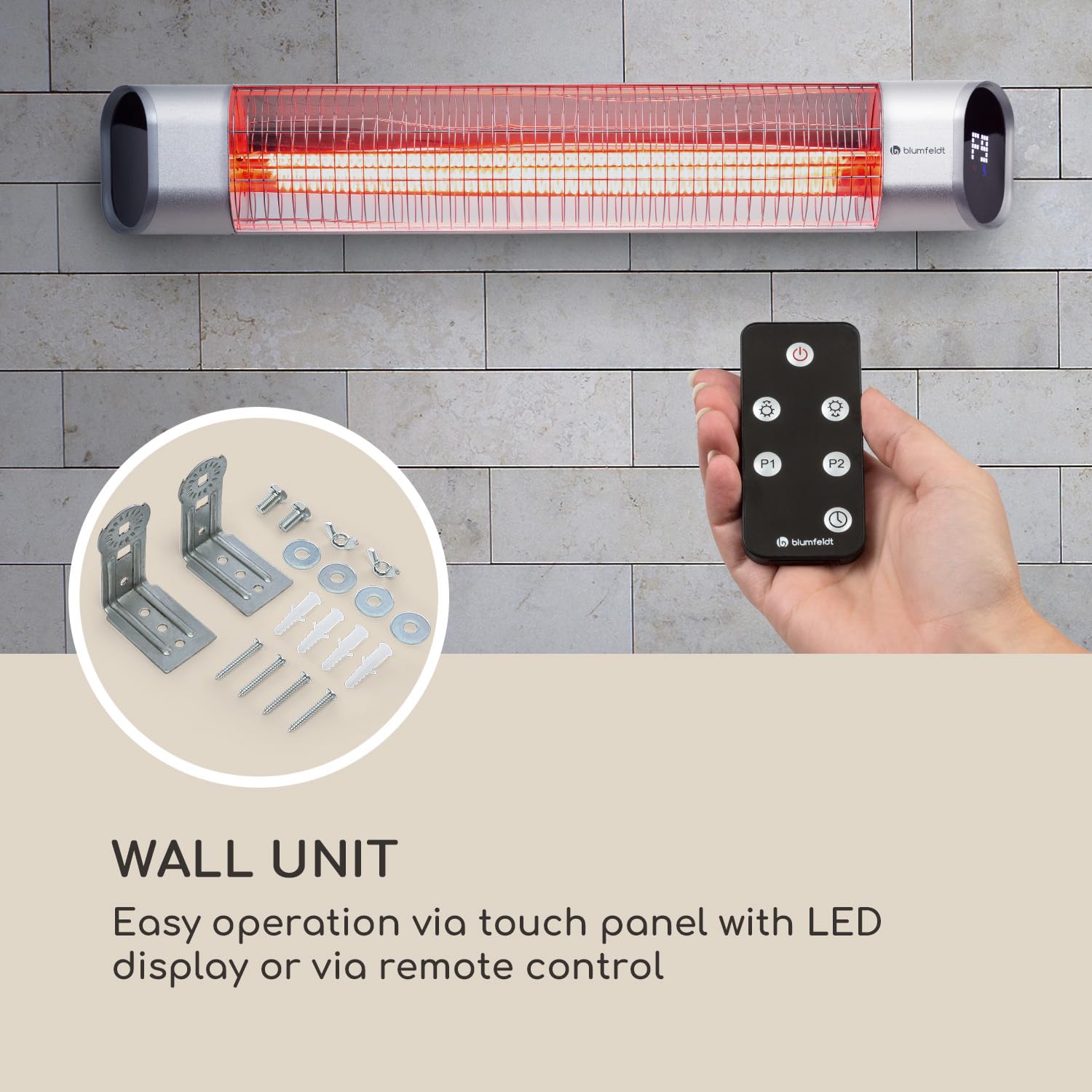 Blumfeldt Dark Wave Promiennik podczerwieni, Promiennik tarasowy, MinimalGlare Heating Tube: złocona rurka carbonowa, 24 stopnie grzania, Timer, IP65, sufitowy 2000 W, srebrny