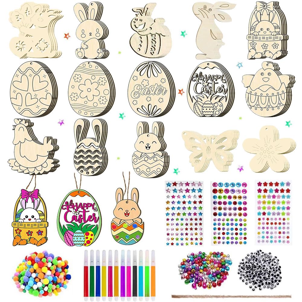 Adornos Colgantes de Madera de Pascua,265 piezas Adornos de Pascua sin Terminar,Manualidades de Madera Pascua,Colgante Pascua Madera,Adornos Pascua para Pintar