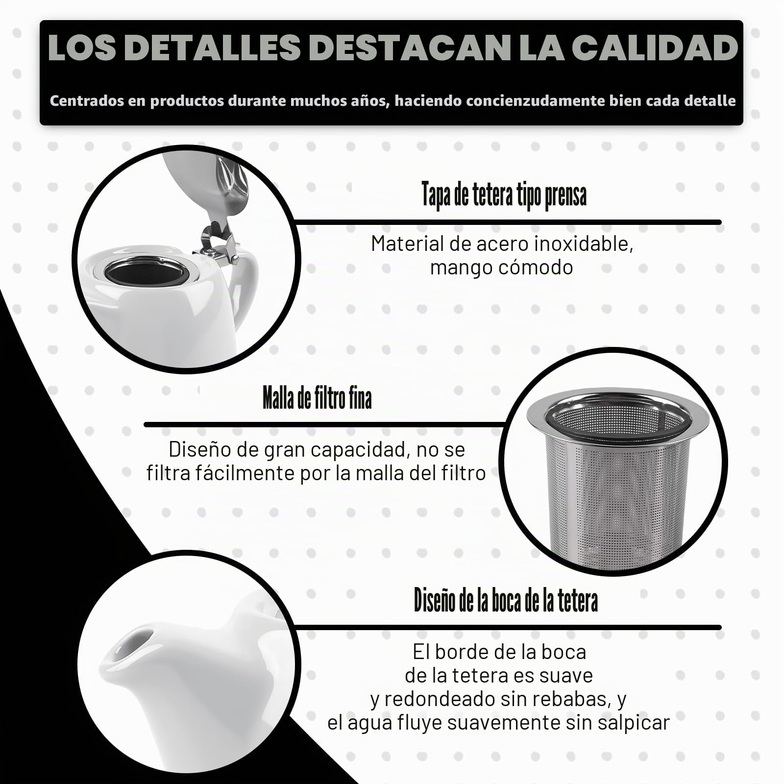 GAOUTO Tetera con colador, 500 ml, tetera de cerámica aislante con colador de acero inoxidable extraíble, infusor de malla fina, color blanco