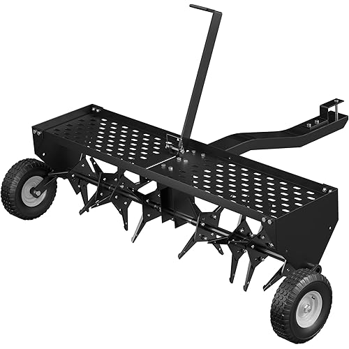48" Lawn Aerator Tow Behind, Pull Behind Aerator with Universal Hitch, 32 Galvanized Steel Tines, Tray and Pneumatic Tires, Plug Behind Aerator is Suitable for Gardens, Lawns and Farms