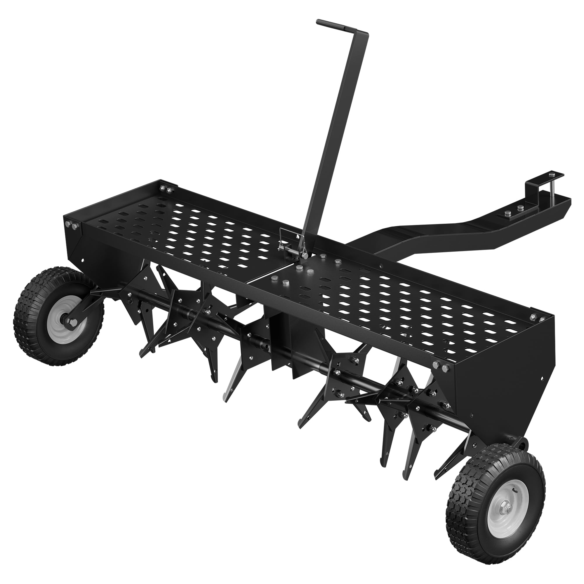 48" Lawn Aerator Tow Behind, Pull Behind Aerator with Universal Hitch, 32 Galvanized Steel Tines, Tray and Pneumatic Tires, Plug Behind Aerator is Suitable for Gardens, Lawns and Farms