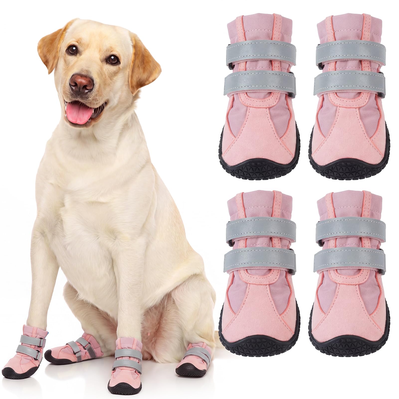 Hjyokuso Dog Boots, 4Pcs Waterproof Dog Shoes with Fleece Lining and Anti-Slip Rubber Sole, Double Adjustable Straps with Reflective Strip, Paw Protectors for Rain, Mud, Winter Walks,5# Pink