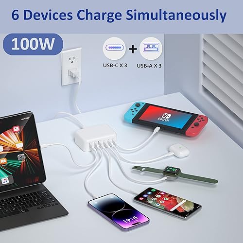 Miniatura 3 de Bangfun - Bloque de carga rápida USB C, 6 puertos de 100 W, estación de carga USB tipo C, cargador de pared de carga rápida, cubo de enchufe con 3