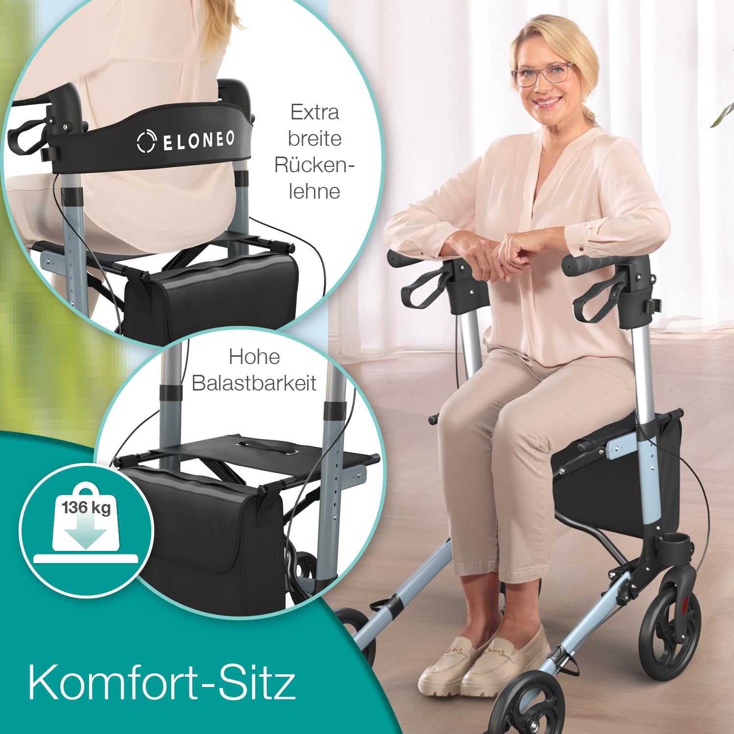 ELONEO Rollator faltbar und leicht mit Sitz, Leichtgewicht-Reiserollator aus Aluminium, Gehhilfe 8-fach höhenverstellbar, Laufhilfe 3-fach faltbar für Kofferraum, Tasche & Schirmhalter Anthrazit