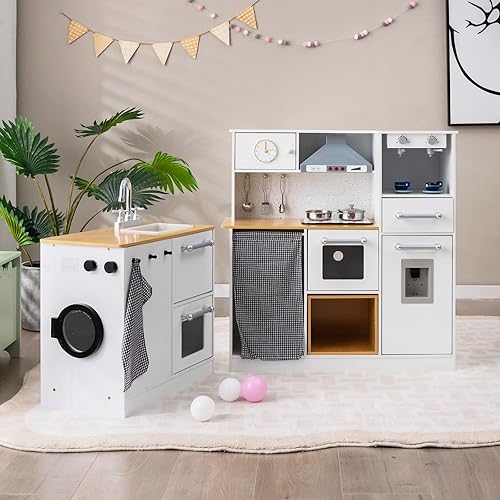 Miniatura 3 de GLACER Juego de cocina de madera para niños, cocina de juego de simulación de 2 piezas con luces y sonidos realistas, lavadora, dispensador de agua,