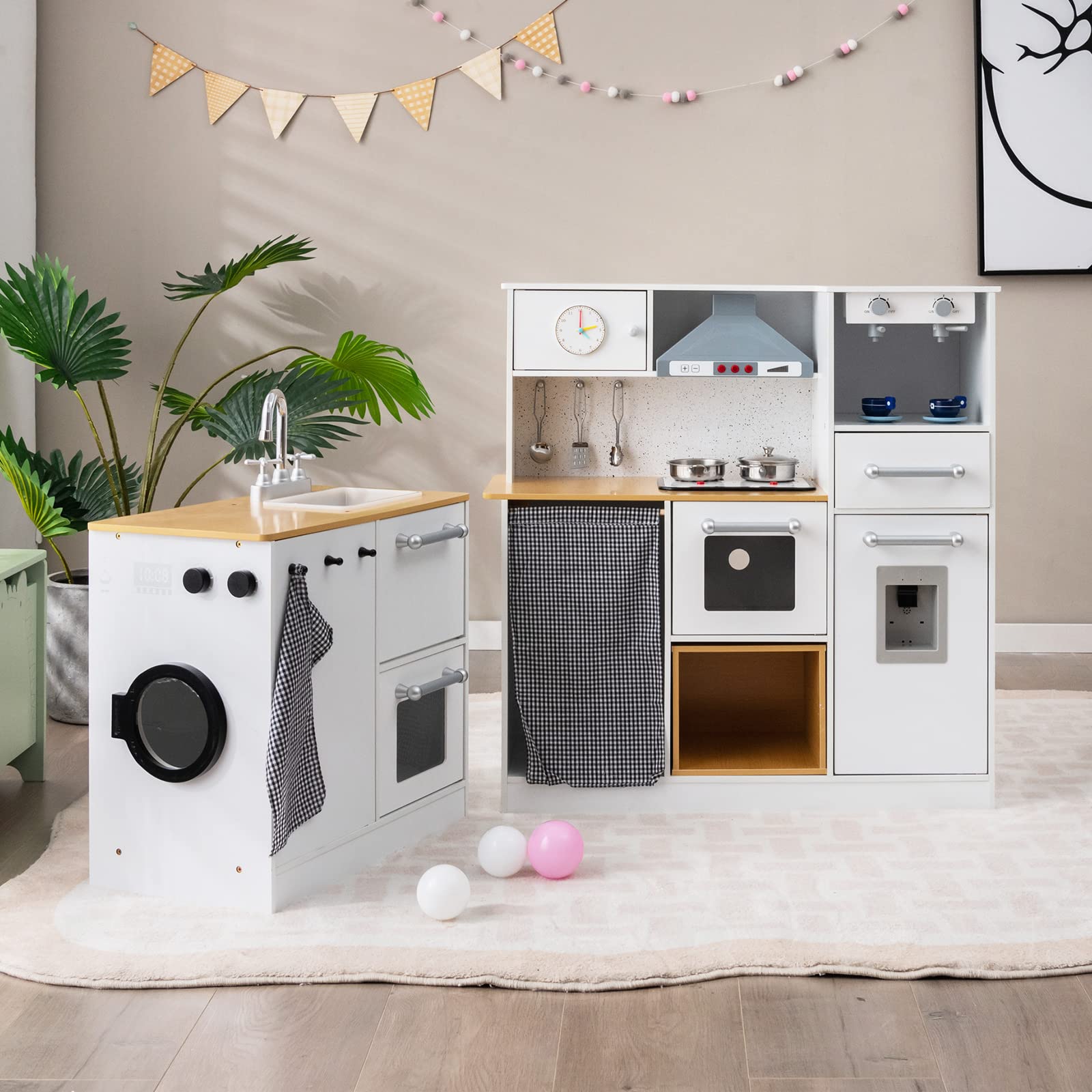 COSTWAY Cucina Giocattolo per Bambini, Cucina Legno per Bambini con Lavatrice, Macchina da Caffè, Forno, Microonde, Lavello e Rubinetto, Funzione Luci e Suoni, per Bambini 3+ Anni