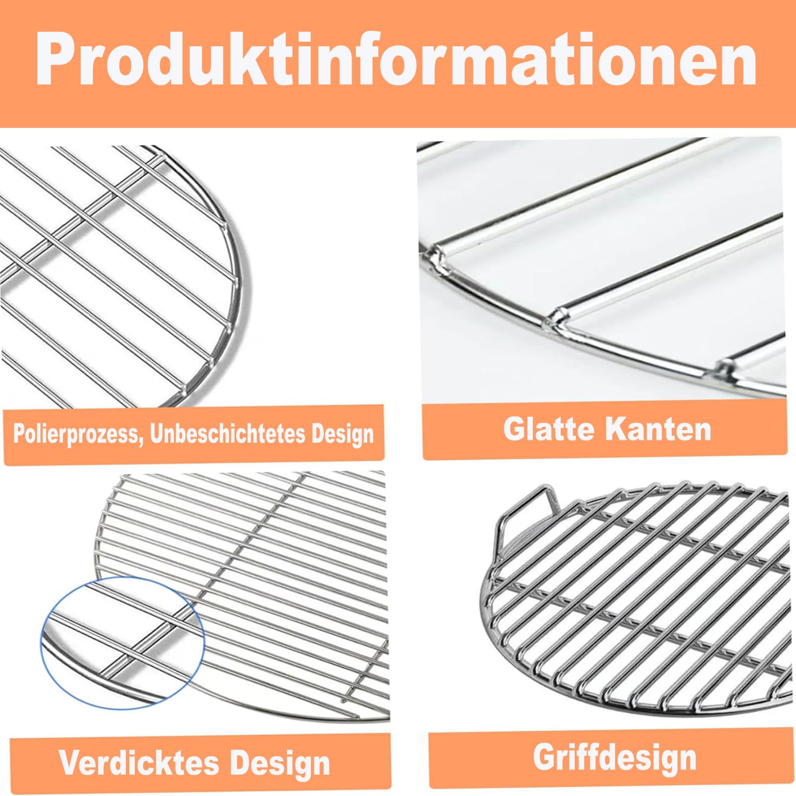 Grillrost Edelstahl Rund, Ø 28/30/33/35/38/40/43/45 cm, Für Kugelgrill, Holzkohlegrill & BBQ, Robuster BBQ Rost, Gleichmäßige Hitzeverteilung, Leicht zu Reinigen, Tragbares Grillzubehö. (40cm)