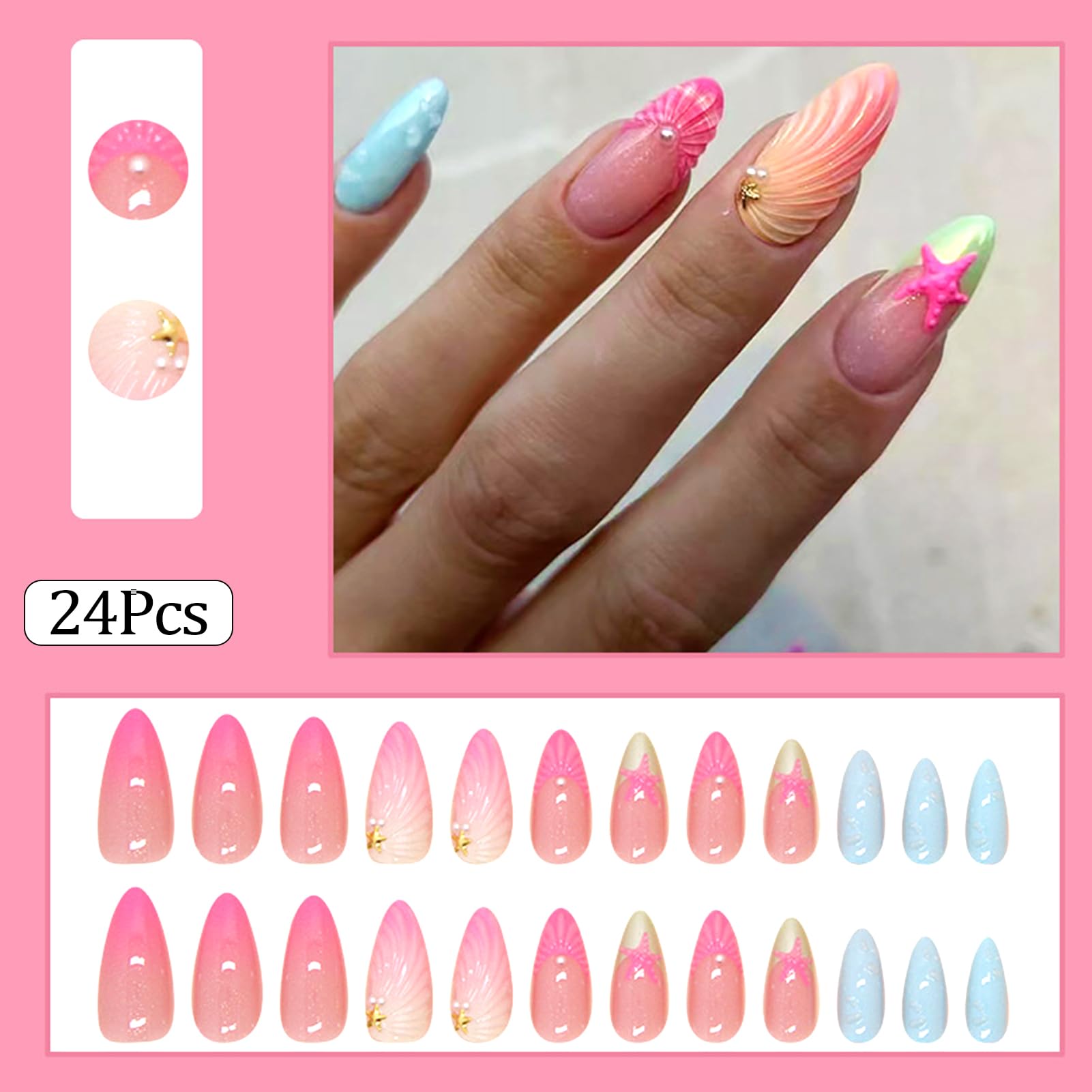 24Pcs Almond Press on Nails Medium Length Nails Press Ons RUPOFUZA Fake Nails Glue on Nails With Three-Dimensional Shell and Starfish Design Artificial Nails Stick on Nails Acrylic nails for Women