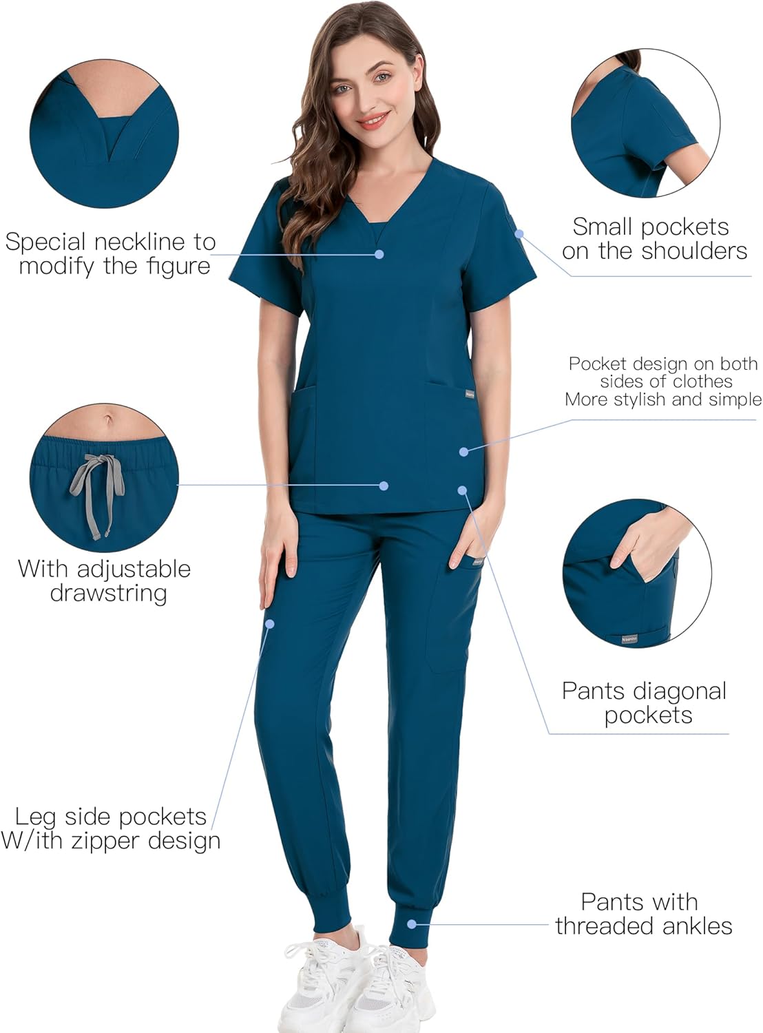 niaahinn Scrub Suit Set for Women Modern V-neck Top & Tapered Leg Jogger Pants with Drawstring Medical Nursing Uniforms Set - Image 7