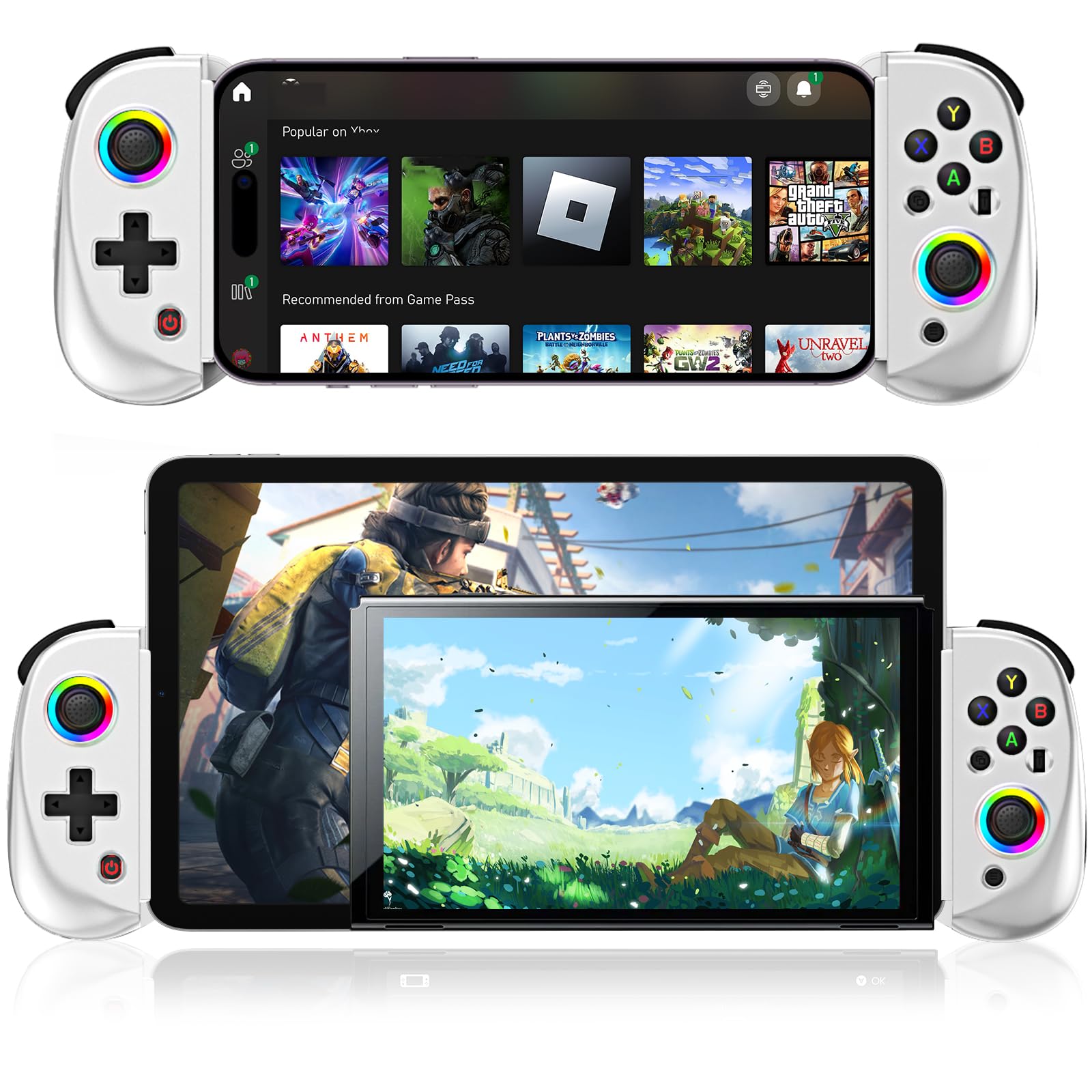 arVin Mobile Gaming Controller for iPad/Tablet[Within 5-10"] Wireless Gamepad for iPhone/Android/PC/Switch/PS4, with RGB Hall Effect Joystick/Turbo/6-Axis Gyro/Vibration/Support Streaming/Cloud Gaming