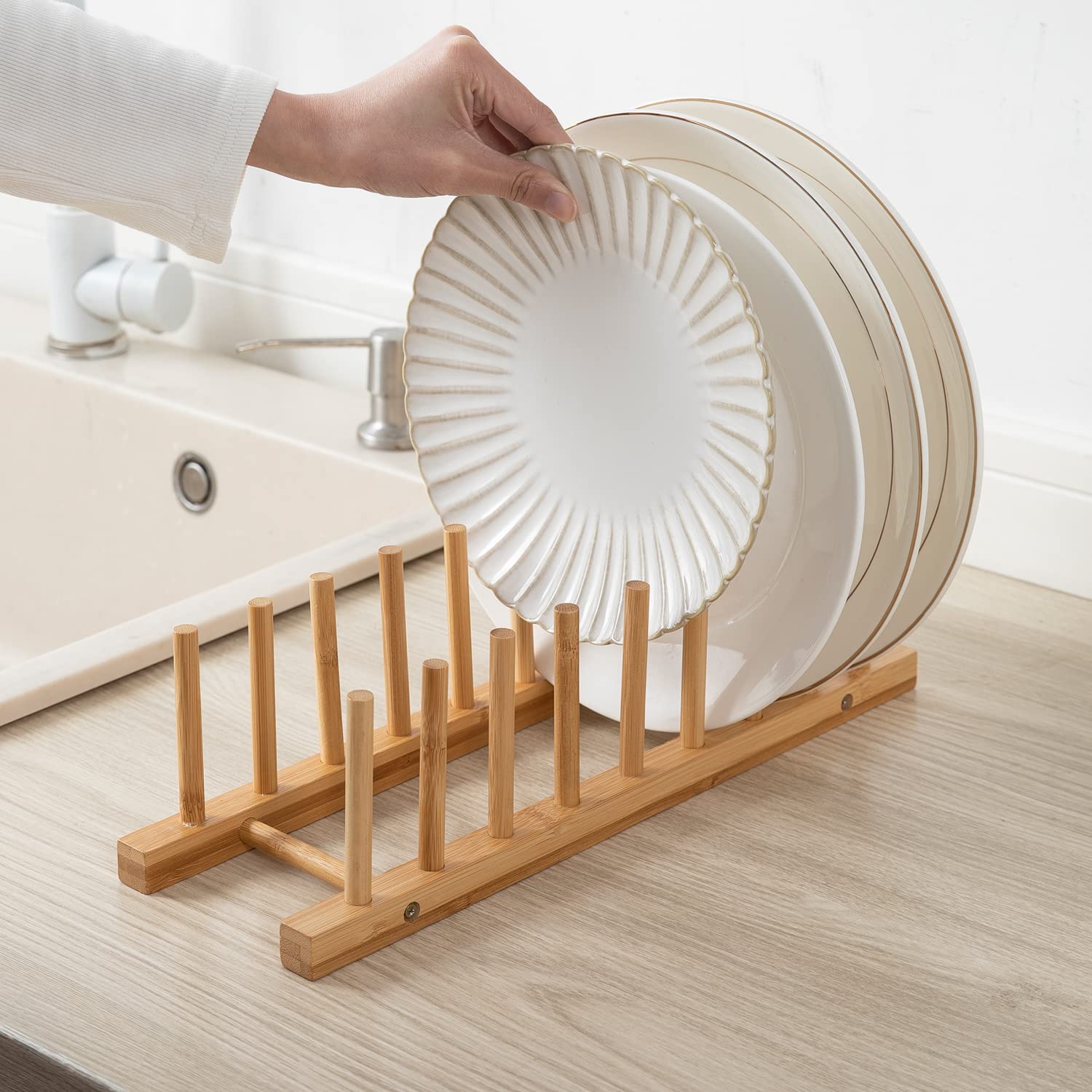HOKIPO Bamboo Wooden Plate Stand Rack for Kitchen Cabinets Dish Stand Dinner Plate Holder, 8 Slots, 36x12x2 cm (AR-4771) — Amazon image 5