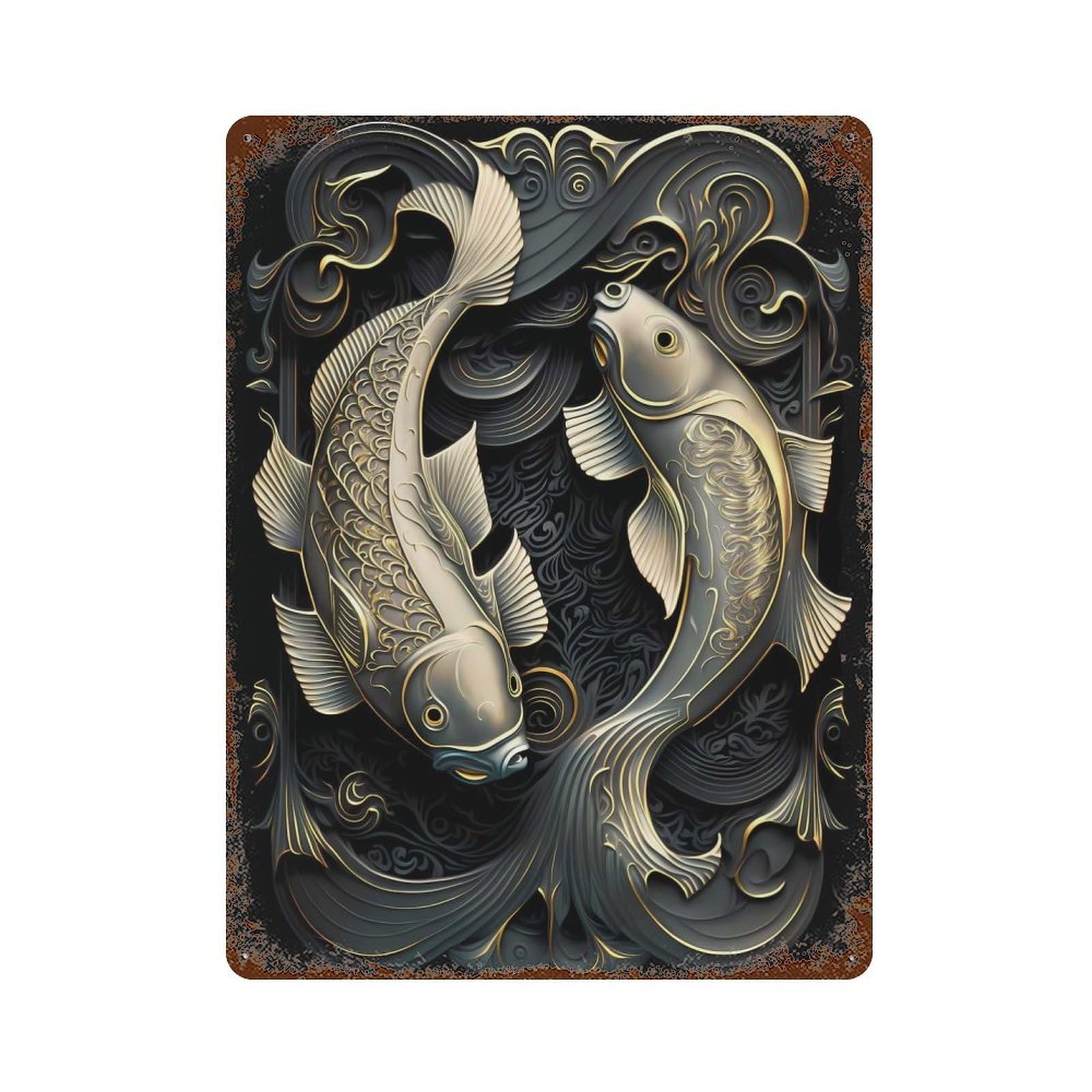 Garage Style Dual Koi Fish Serenade Rustic Tin Plaque 15.7"x11.8", Vintage Wall Decor for Bar And Workshop