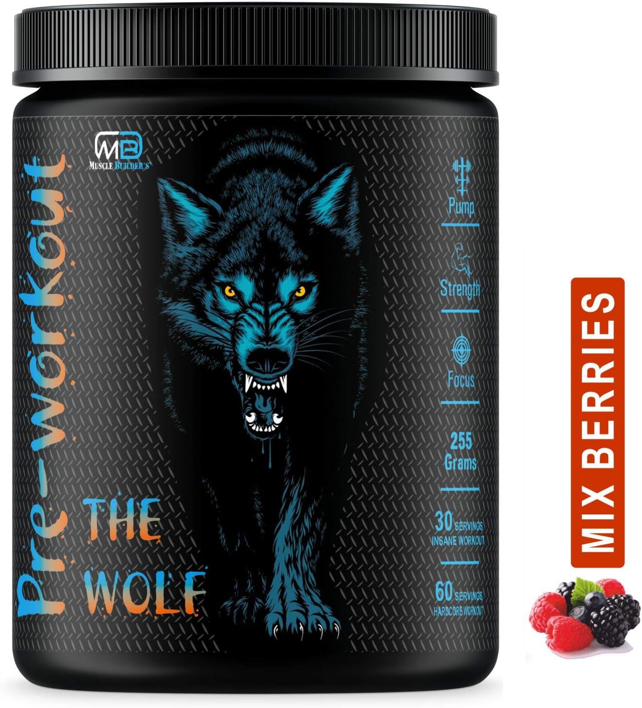 M B Muscle Builder's The Wolf Pre Workout | Build Muscle | Burn Fat | Increase Strength & Performance | Enhance Focus | Reduce Fatigue | Hardcore Powerful Pre Workout Energy Stimulant [Mix Berries]