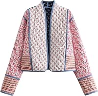 Omoone Women's Reversible Floral Cropped Puffer Jacket - Lightweight Quilted Warm Cardigan Coat for Fall Winter